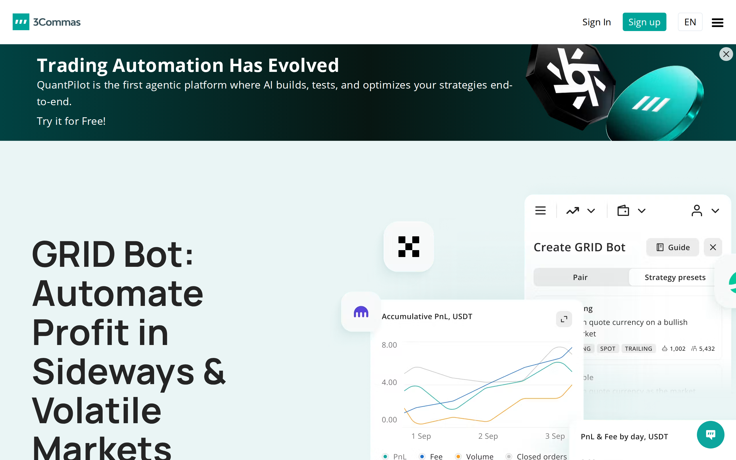 3Commas grid bot page headline reading GRID Bot: Automate Profit in Sideways and Volatile Markets