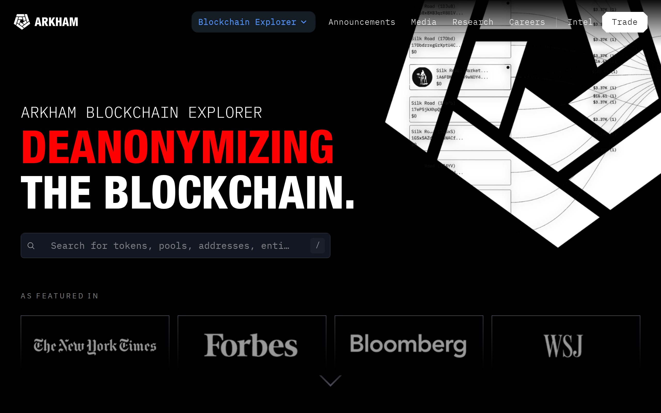 Arkham's blockchain explorer page with the dark headline Deanonymizing the blockchain