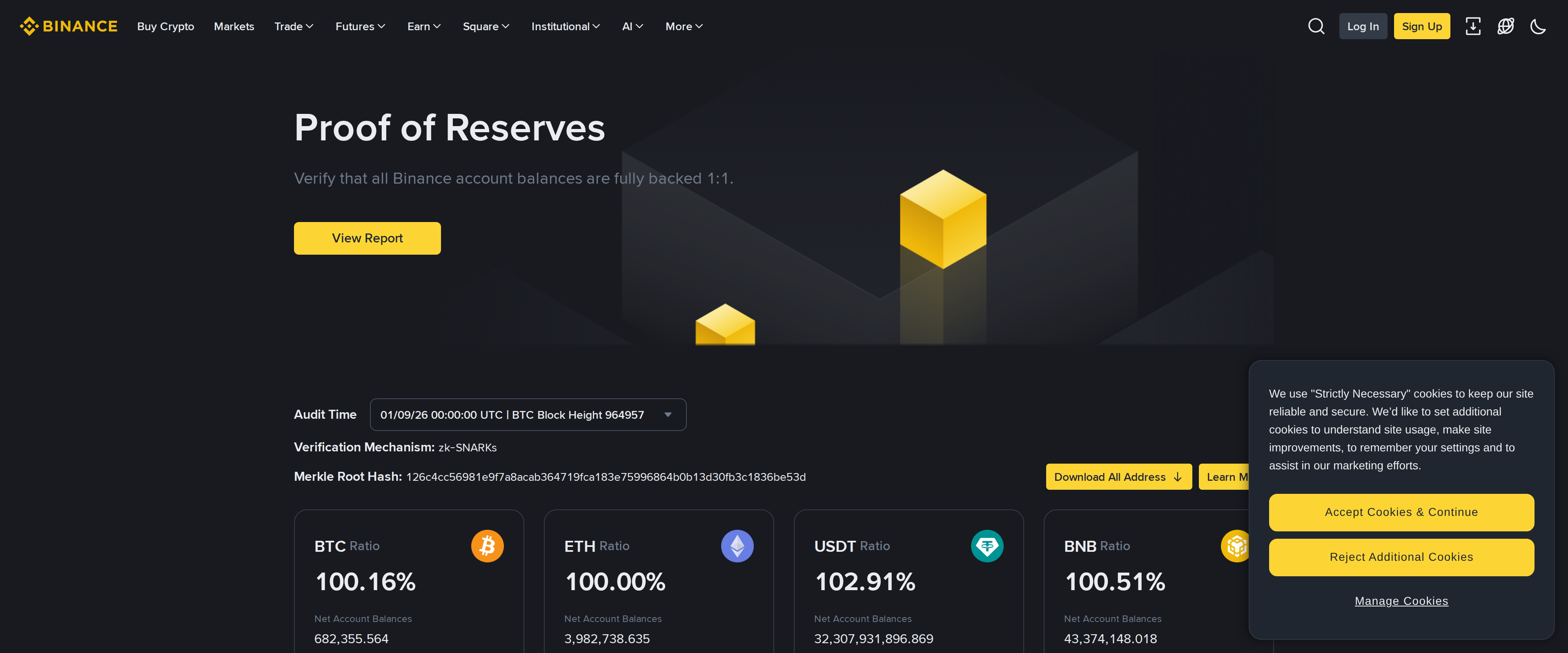 Binance Proof of Reserves page showing BTC, ETH, USDT and BNB reserve ratios