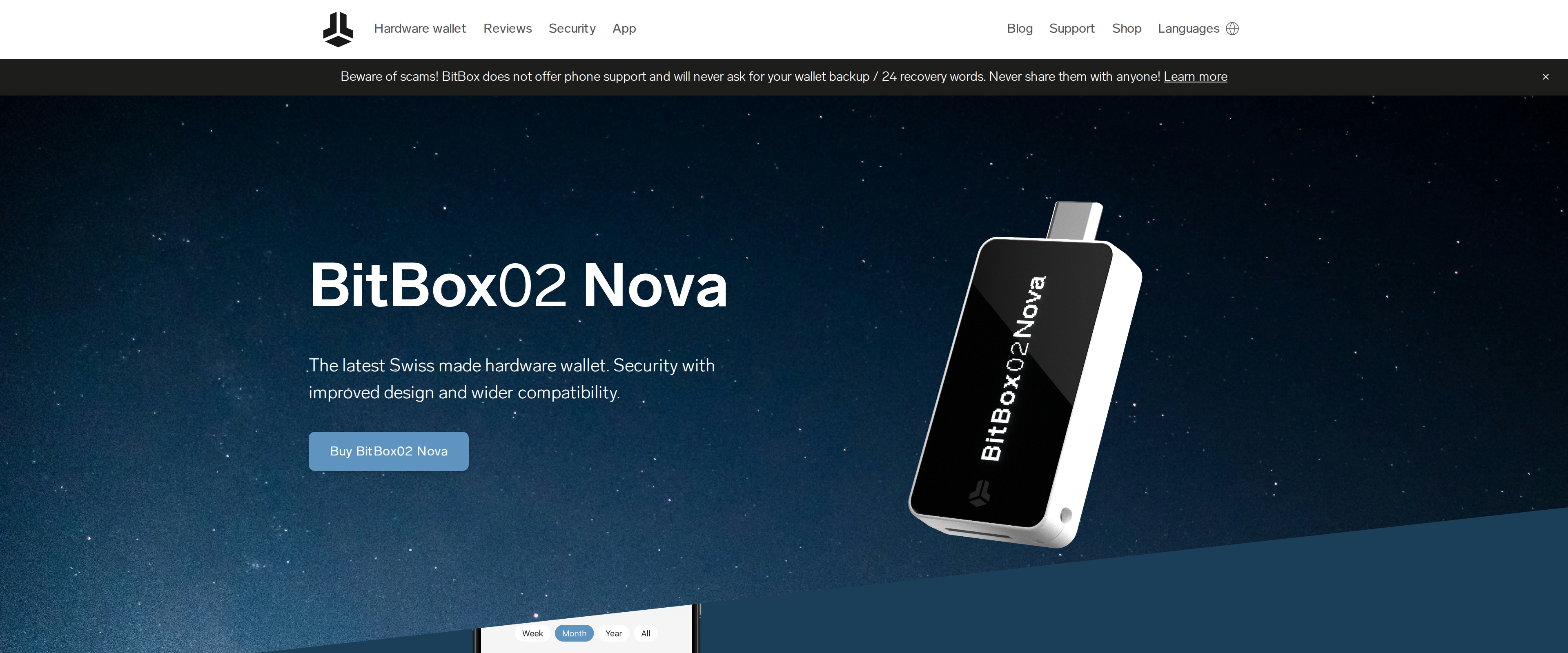 BitBox02 Nova product page showing the device plugged into an iPhone with the headline BitBox02 Nova
