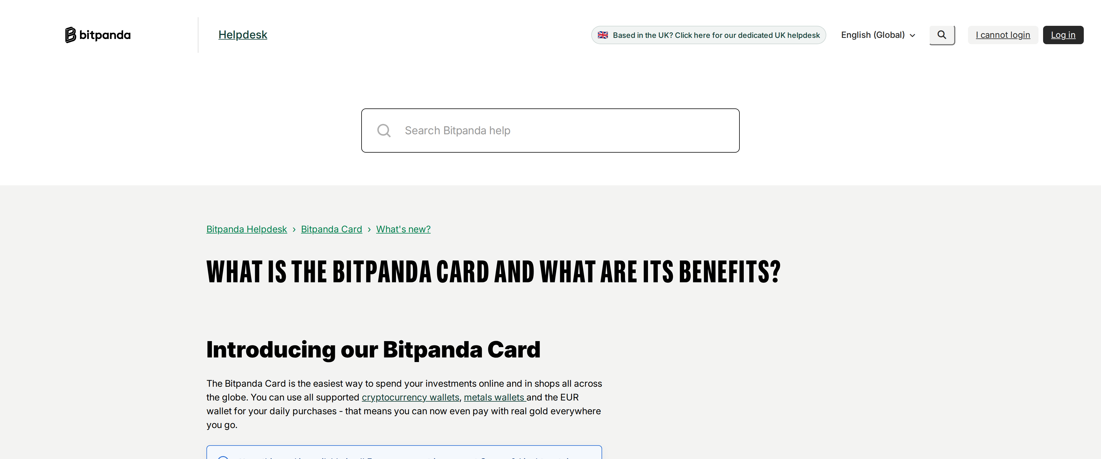 Bitpanda help center article explaining what the Bitpanda Card is and which countries it covers