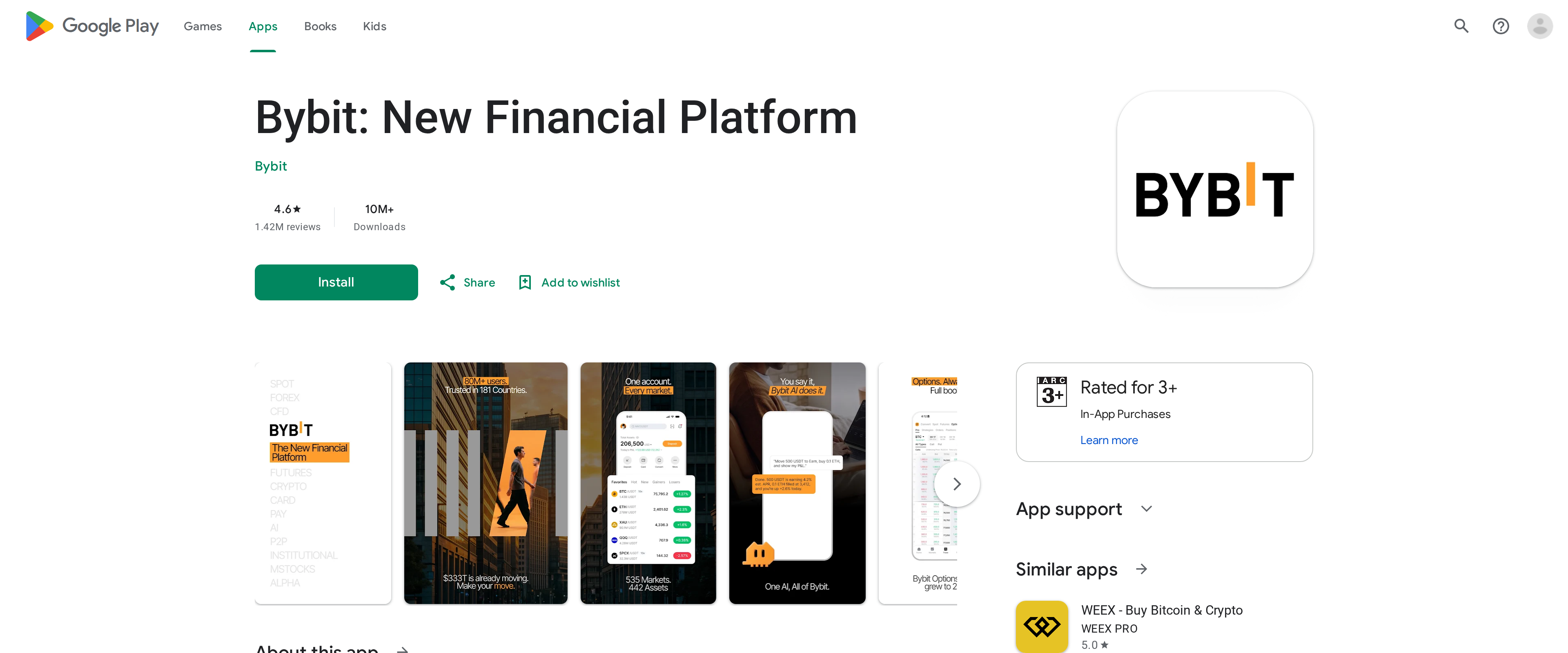 Bybit's Android listing on the Google Play Store, titled Bybit: New Financial Platform