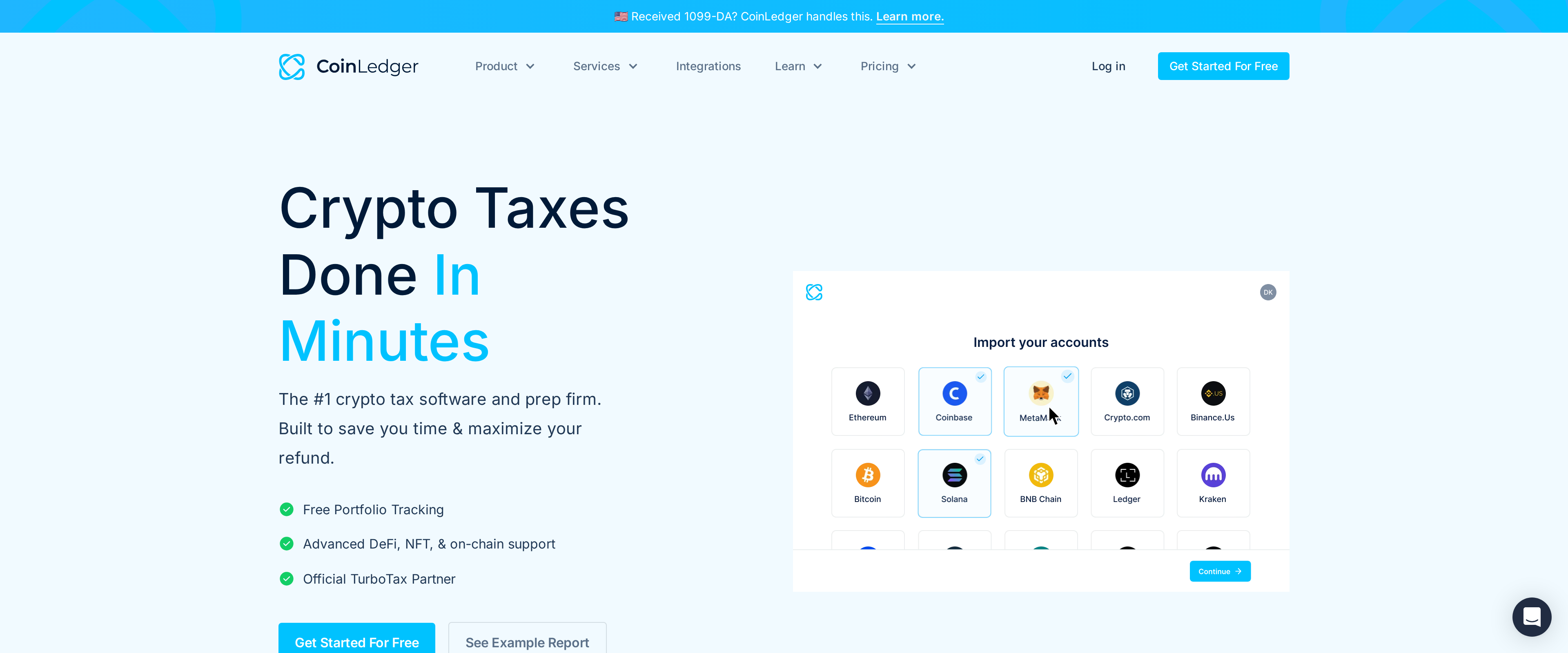 CoinLedger homepage headline reading Crypto Taxes Done In Minutes, with text noting Advanced DeFi, NFT and on-chain support and Official TurboTax Partner