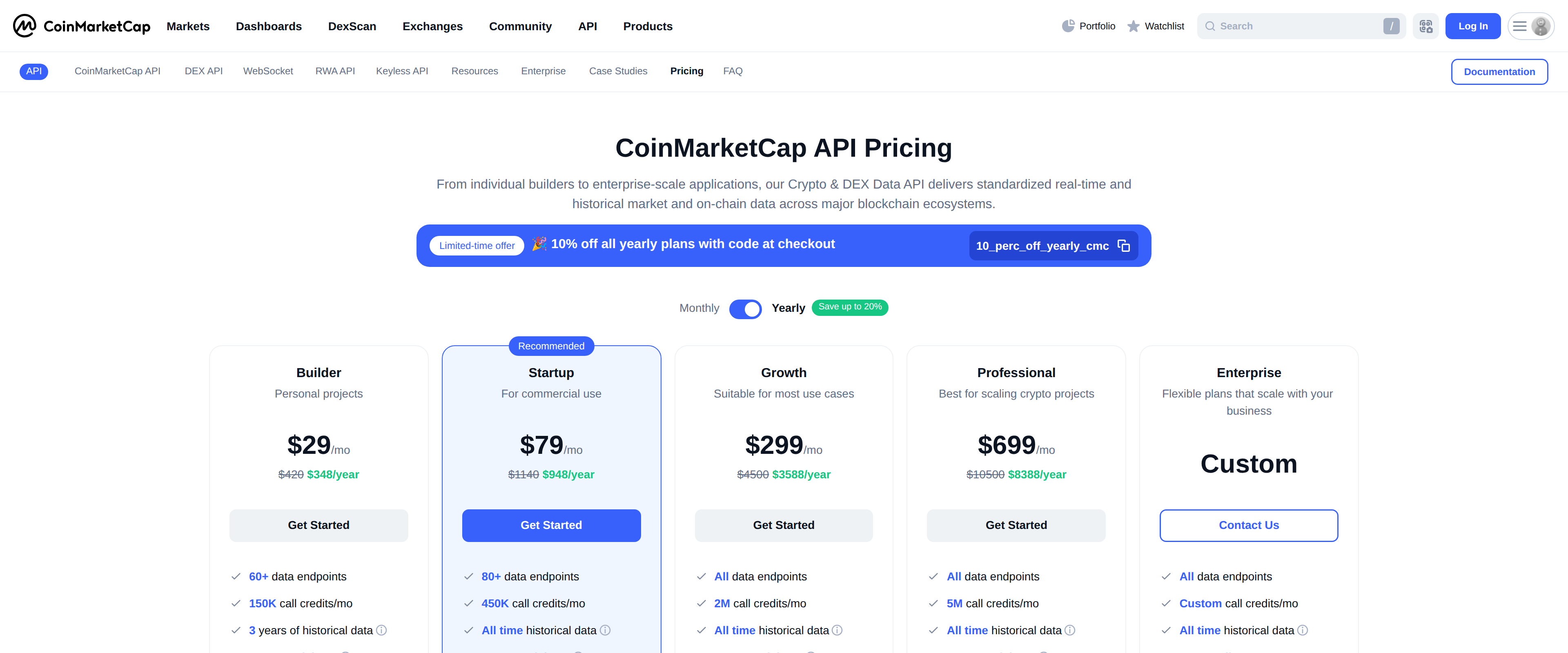 CoinMarketCap's API pricing page listing its Builder, Startup and Growth plans