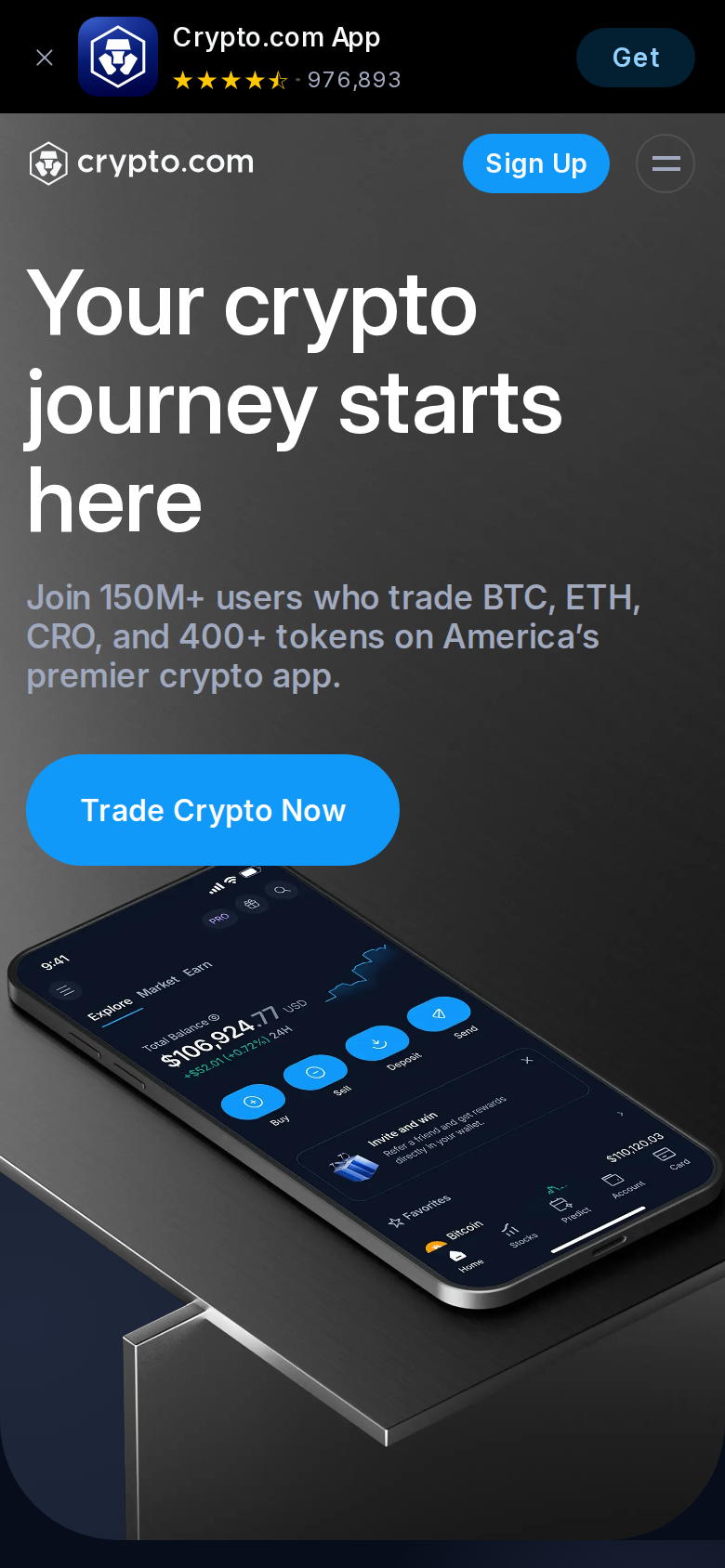 Crypto.com App download page on a phone screen showing the headline "Your crypto journey starts here"