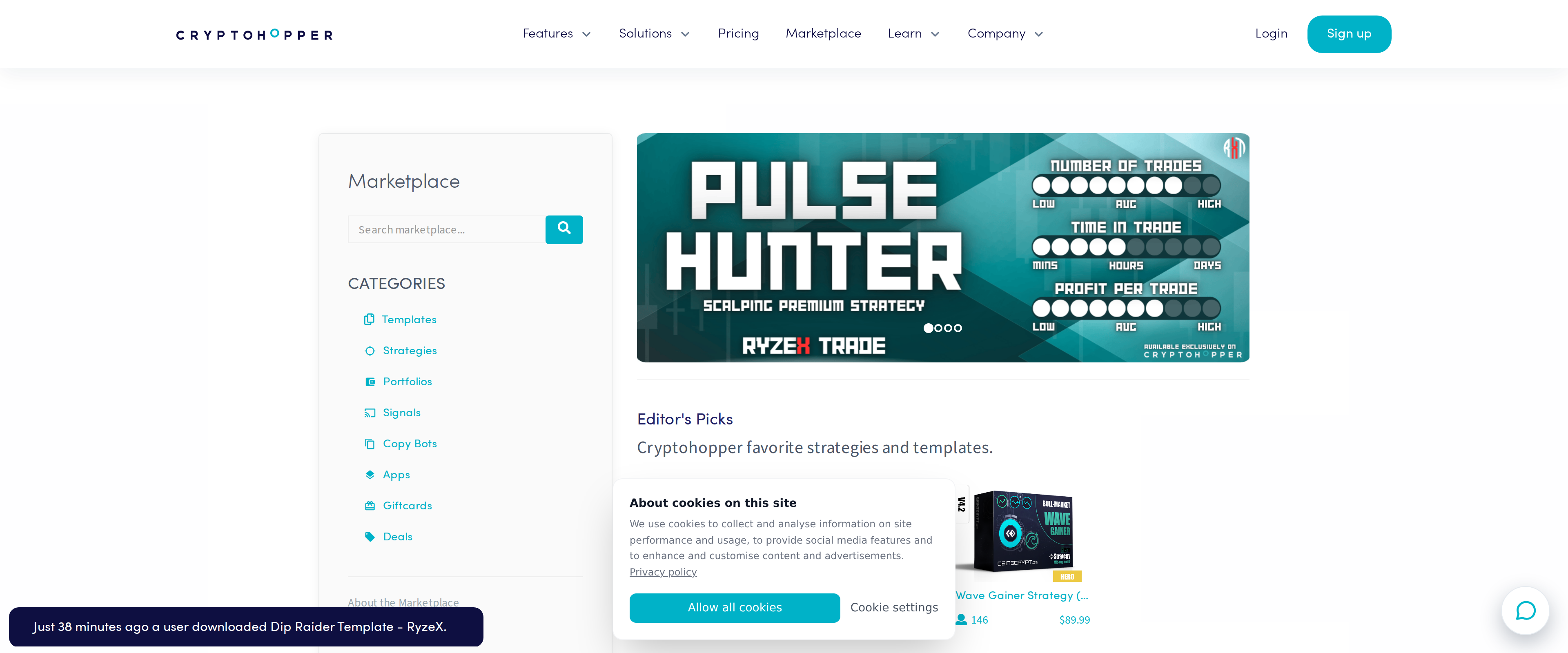 Cryptohopper's Marketplace page showing Editor's Picks strategies including a Pulse Hunter scalping strategy, with prices ranging from $14.99 to $89.99