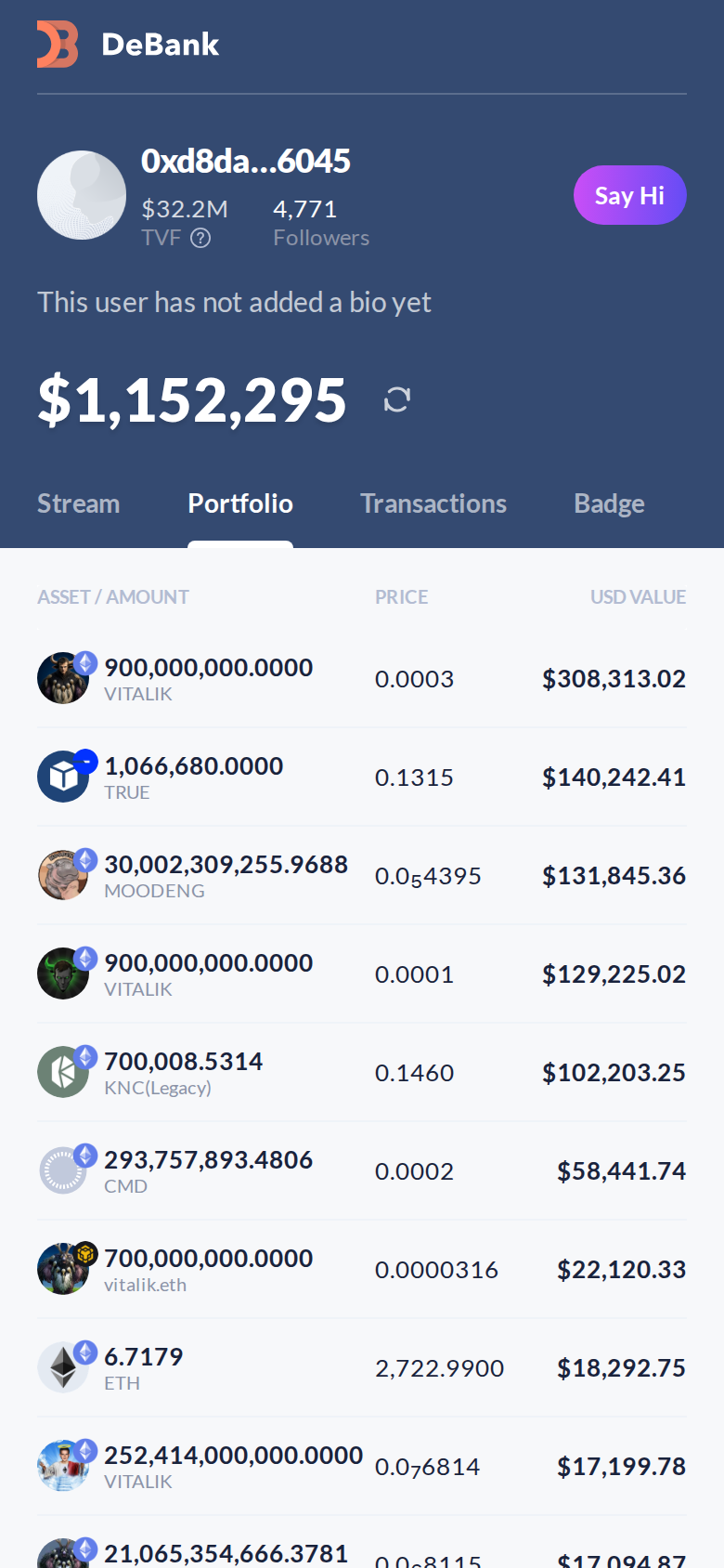 The same DeBank wallet profile viewed at phone width, showing the portfolio total and top token holdings stacked for a mobile screen