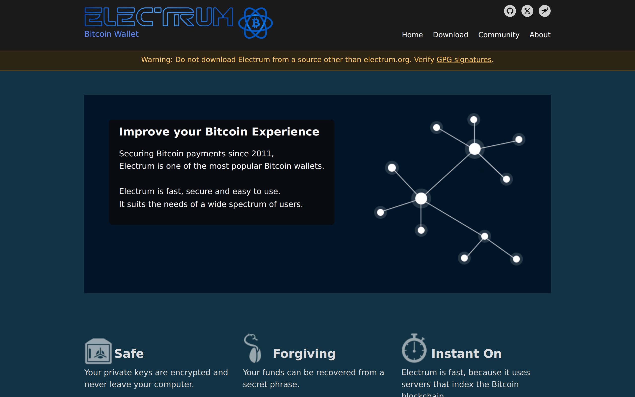 Electrum Bitcoin Wallet homepage listing Safe, Forgiving and Instant On with a download warning