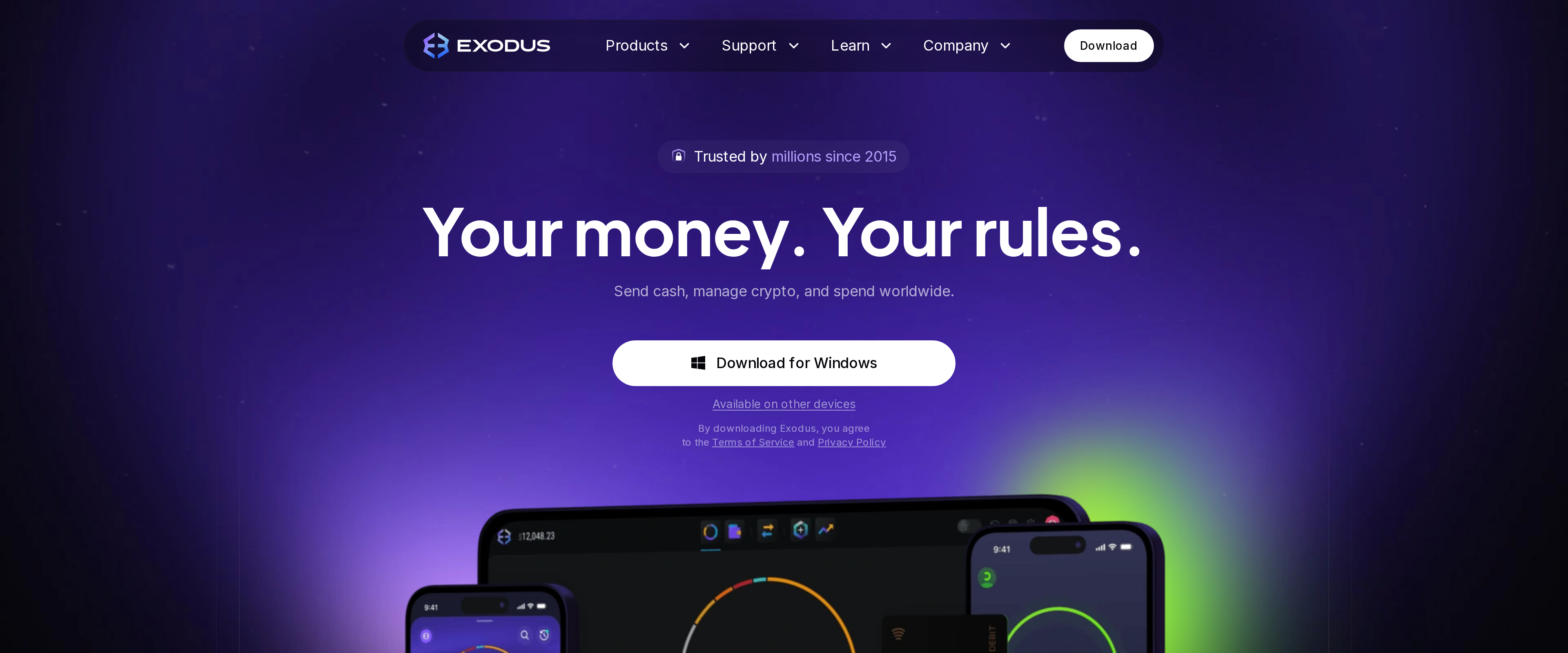 Exodus homepage headline reading Your money, your rules, listing Exodus Pay, buy and swap crypto, and hardware security with Trezor and Ledger