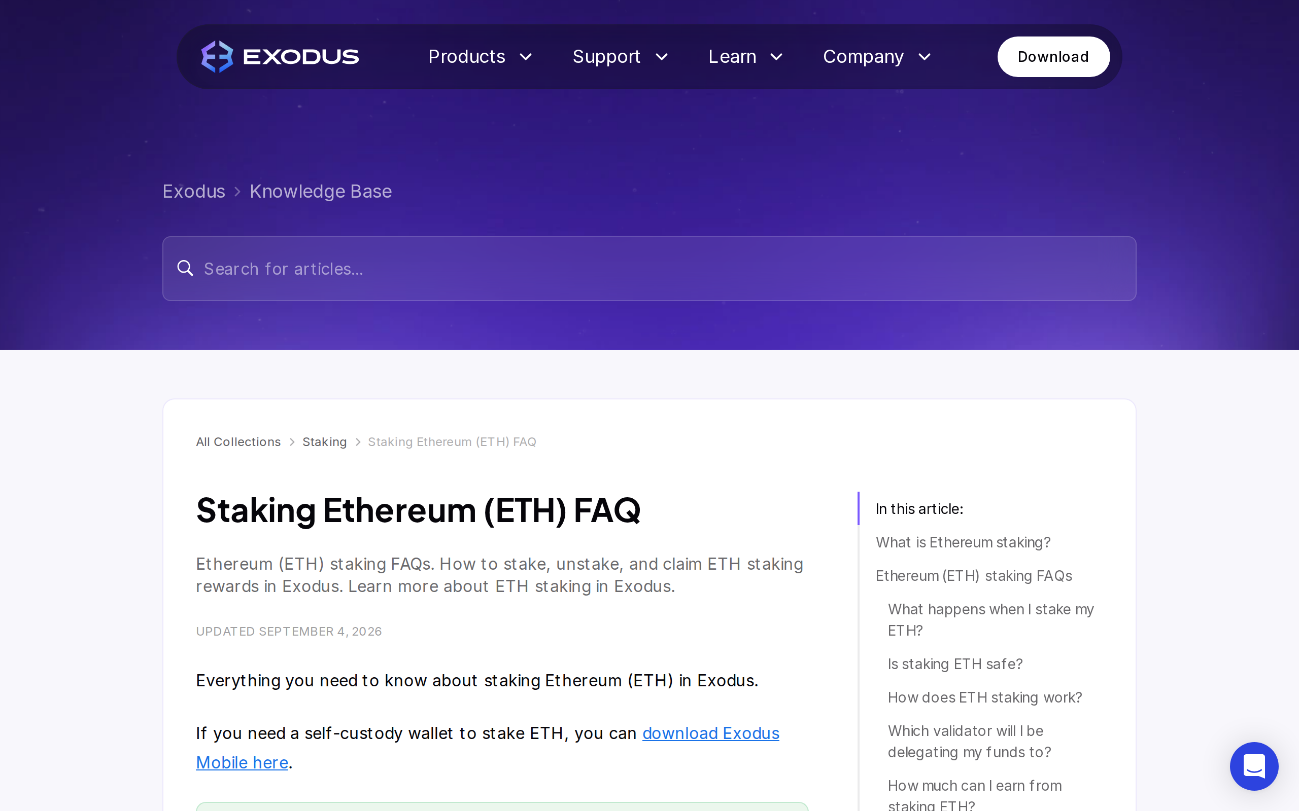 Exodus staking Ethereum FAQ support article headline, listing the wallet's payment and hardware security features