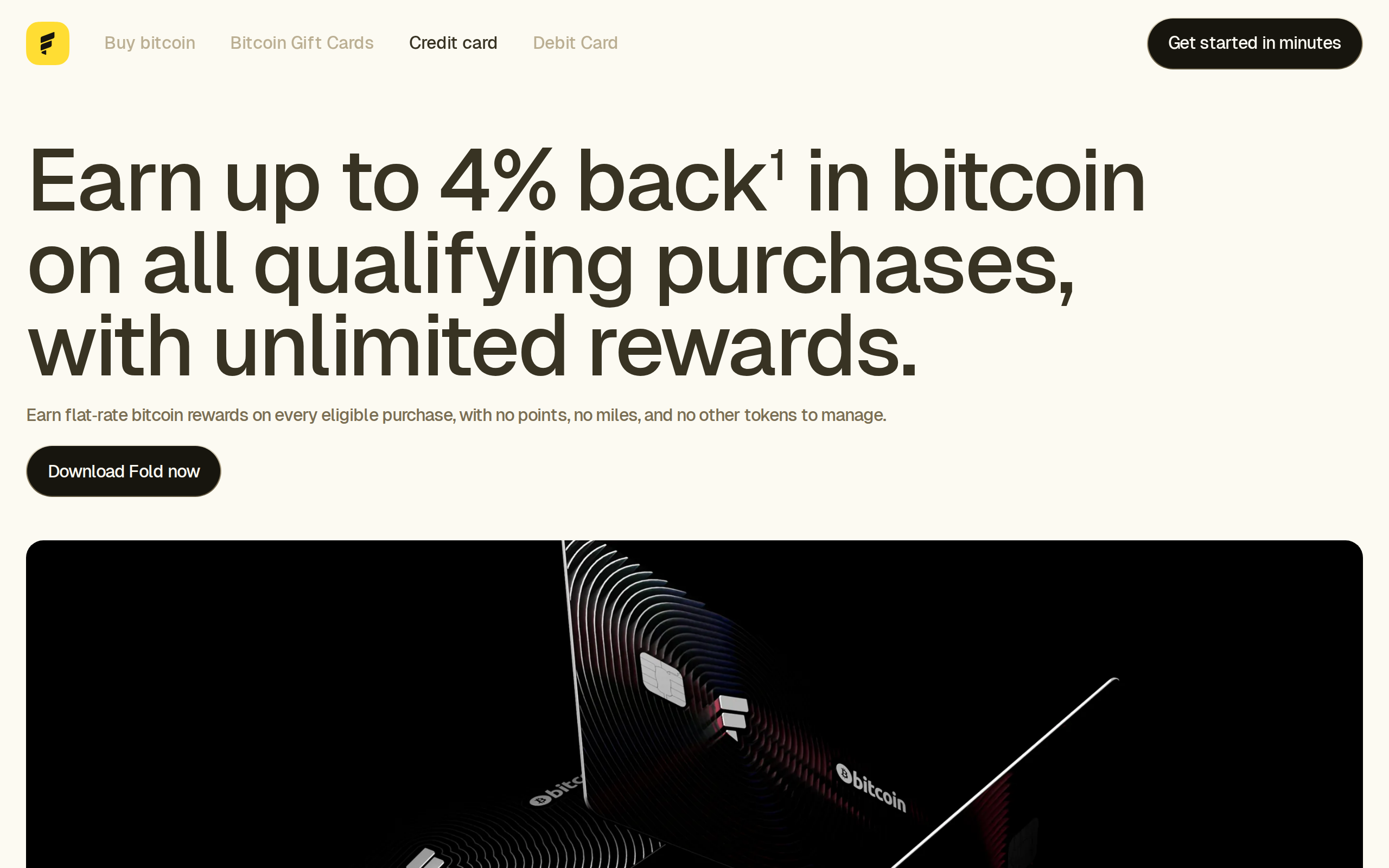 Fold credit card page headline advertising up to 4 percent back in bitcoin on all qualifying purchases with unlimited rewards