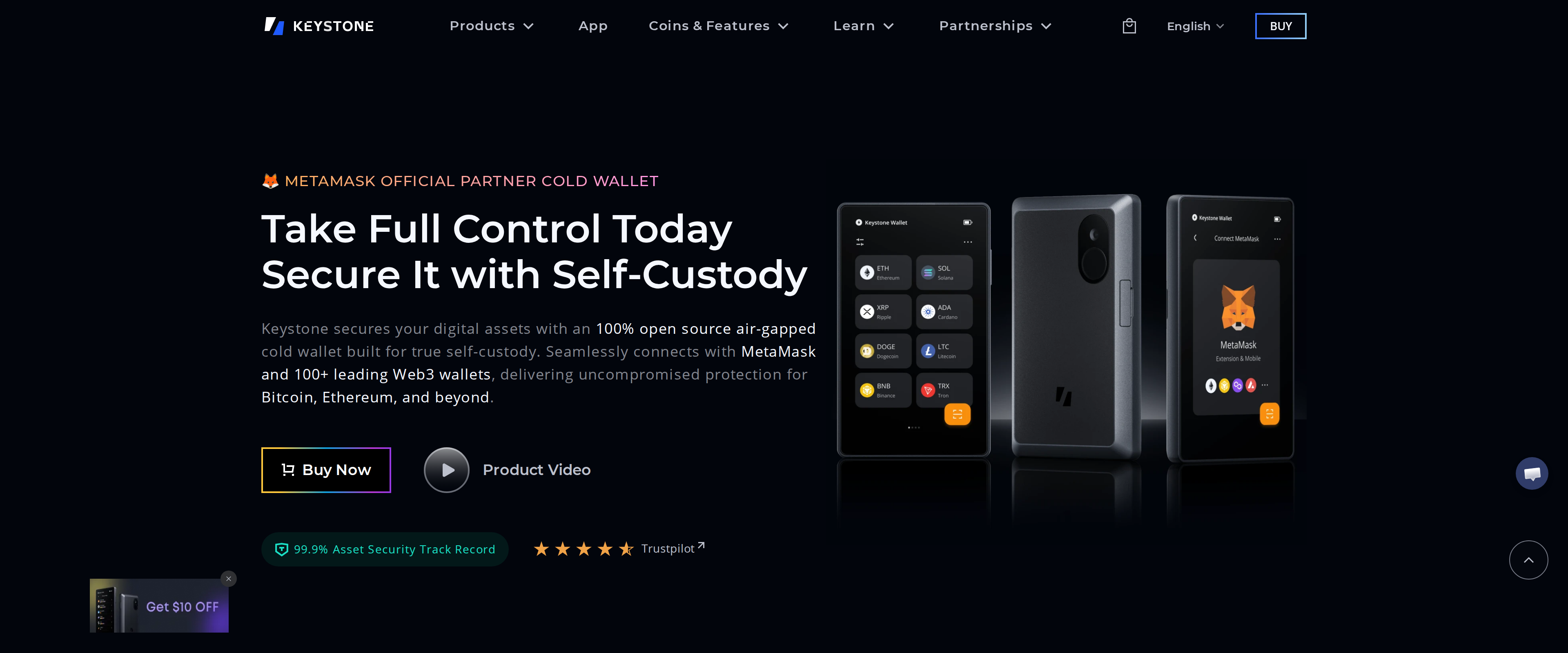 Keystone homepage banner reading MetaMask Official Partner Cold Wallet
