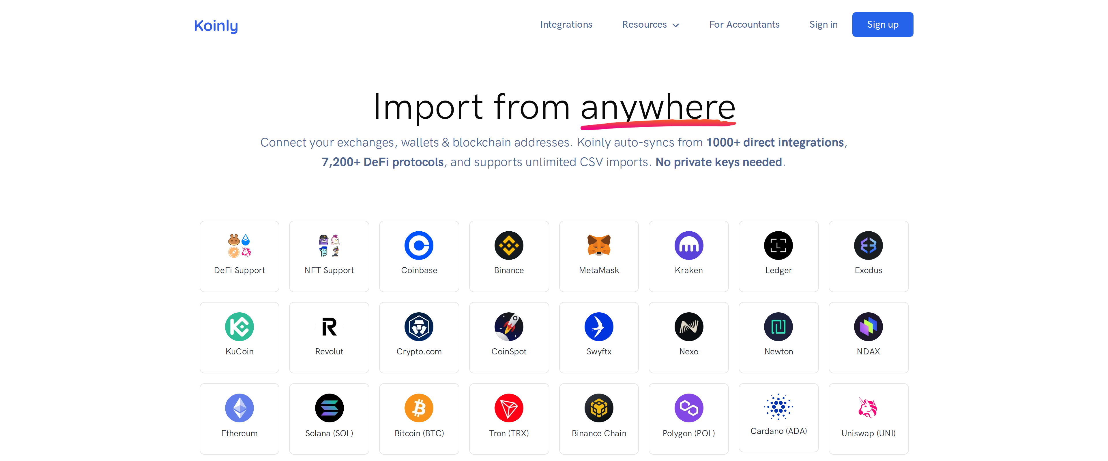 Koinly integrations page listing direct integrations, DeFi protocols and unlimited wallet support