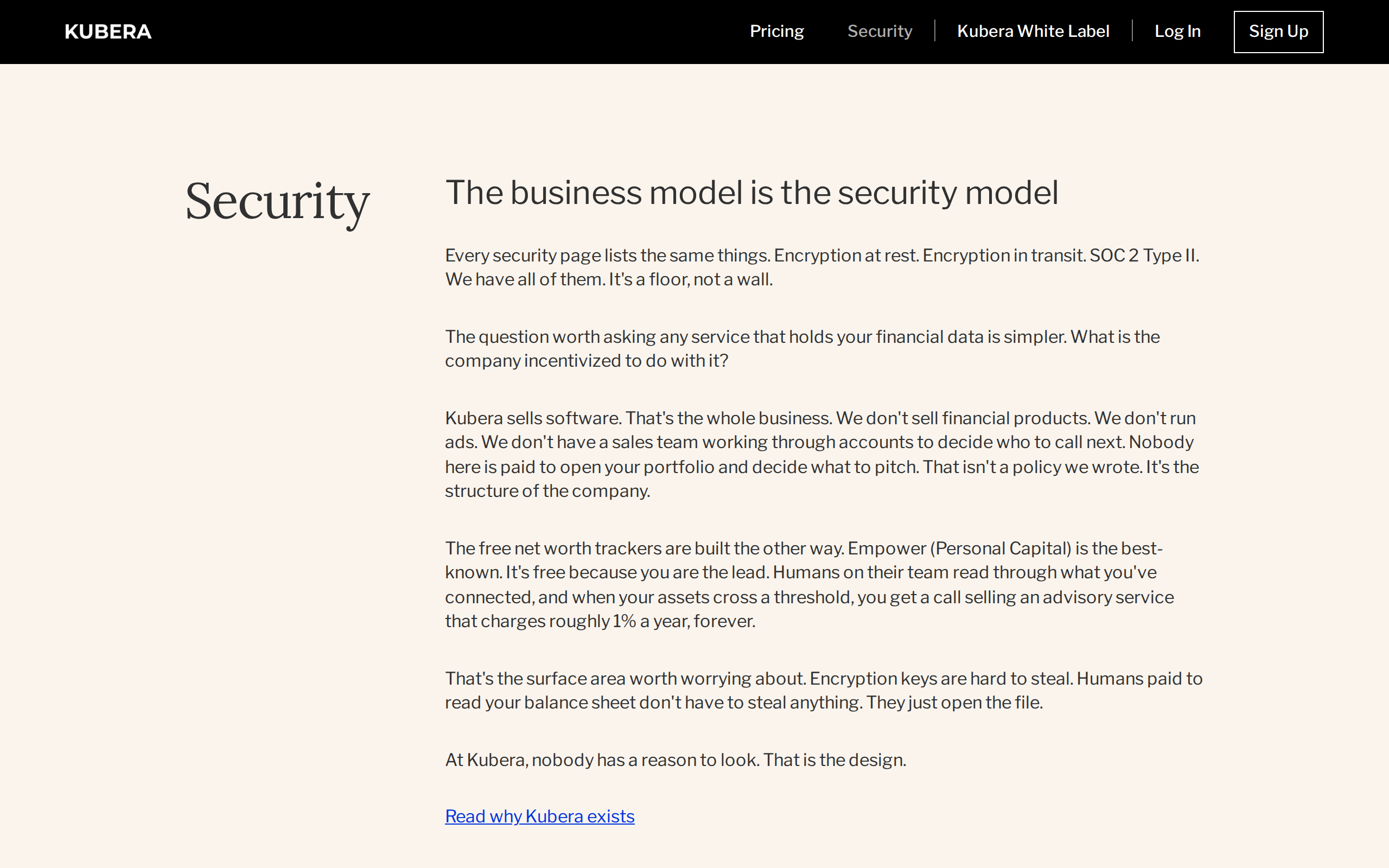 Kubera's security page arguing that its subscription business model is the actual security model