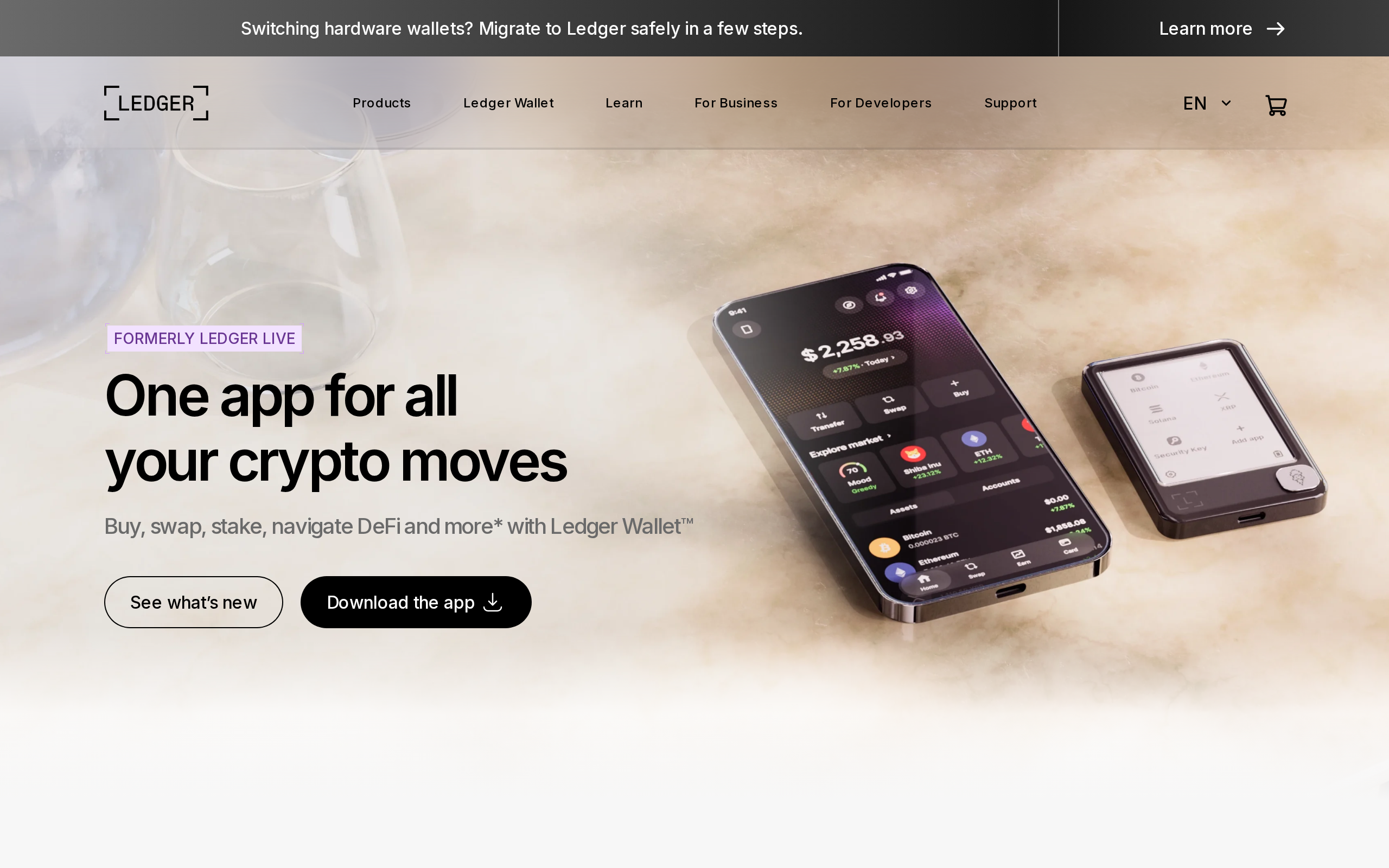 Ledger Wallet app landing page describing buying, swapping and staking crypto