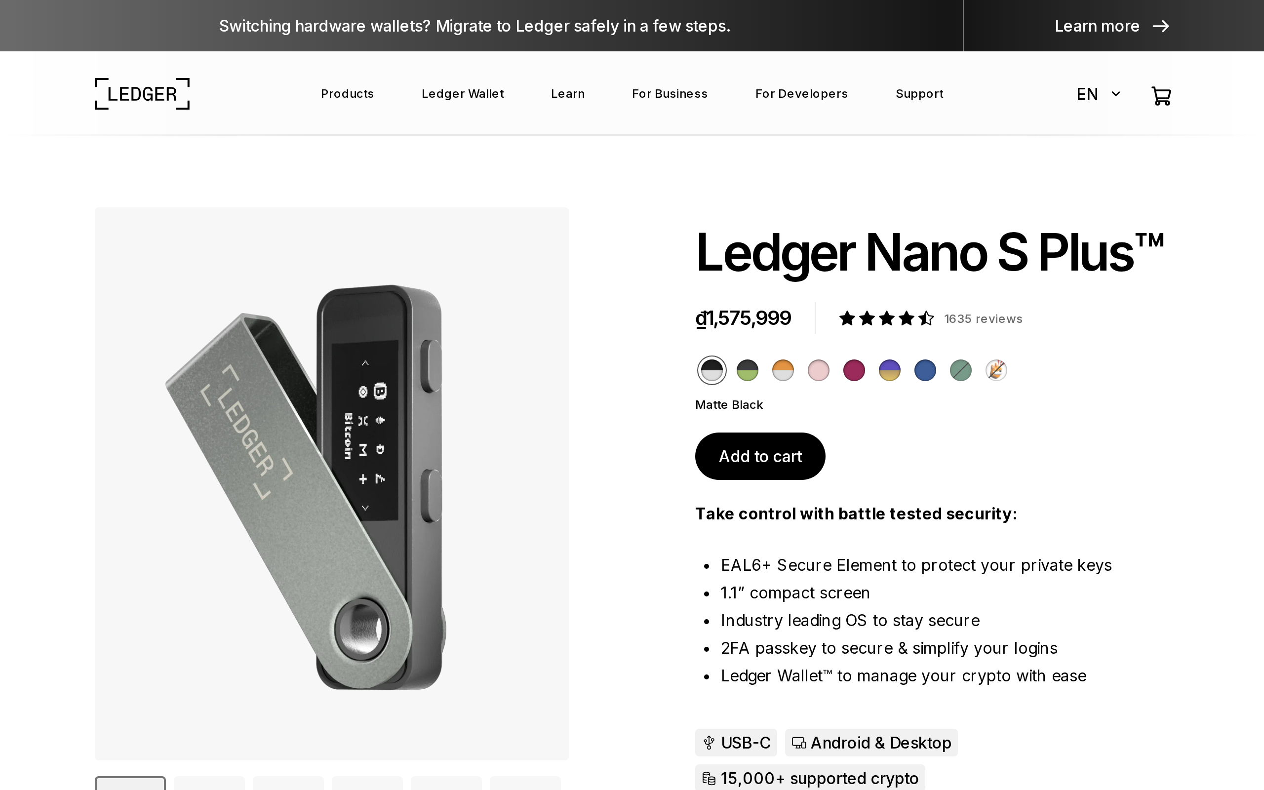 Ledger Nano S Plus product page showing its price and EAL6+ certification