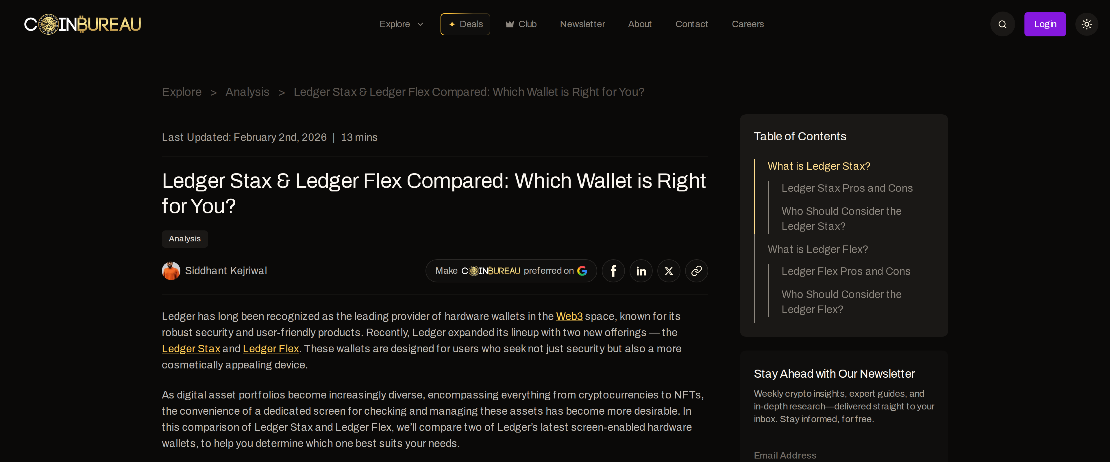 Coin Bureau comparison article headlined Ledger Stax and Ledger Flex Compared: Which Wallet is Right for You