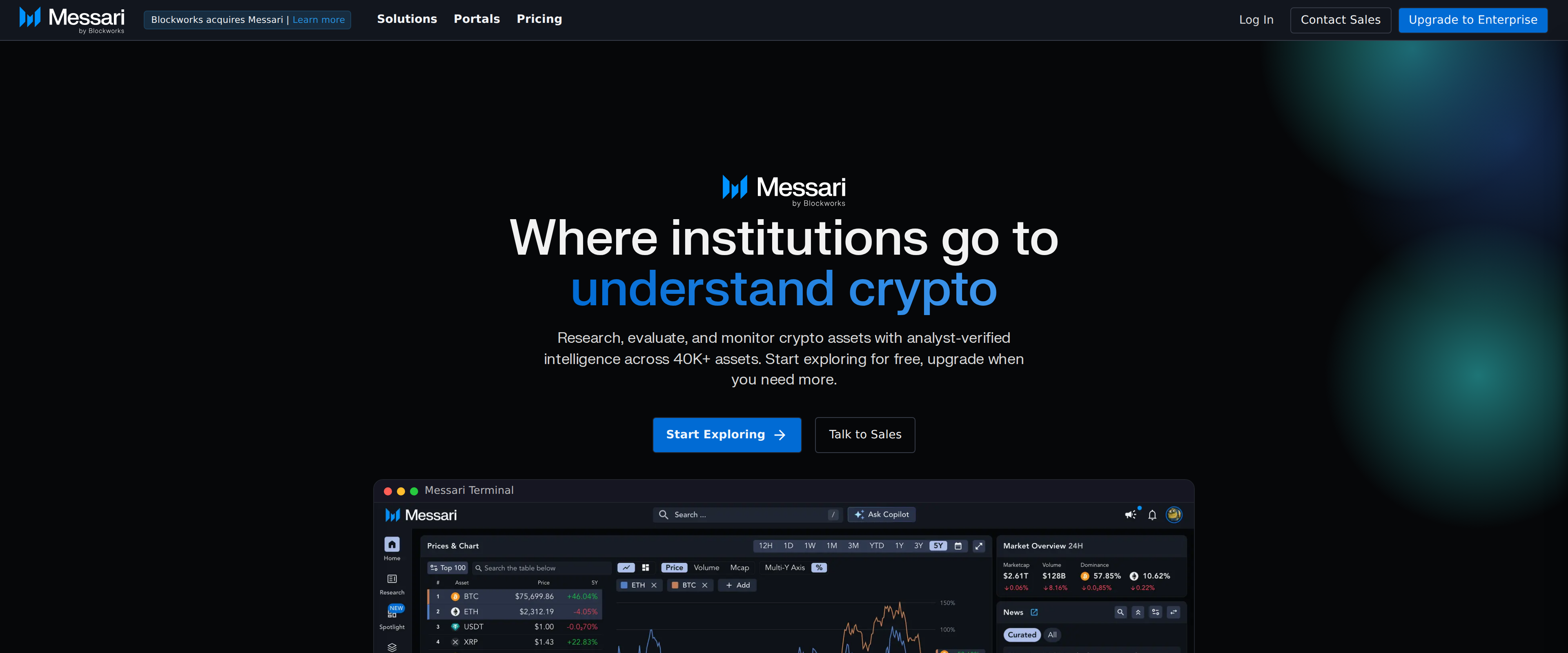 Messari by Blockworks homepage with the headline Where institutions go to understand crypto and a Messari Terminal preview image