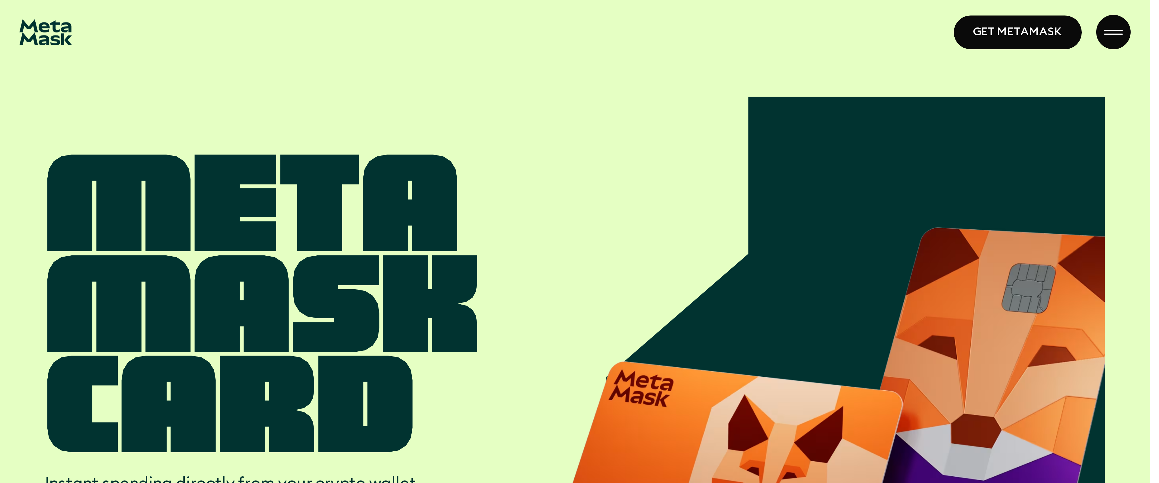 MetaMask Card page advertising instant spending and a premium Metal tier with rewards
