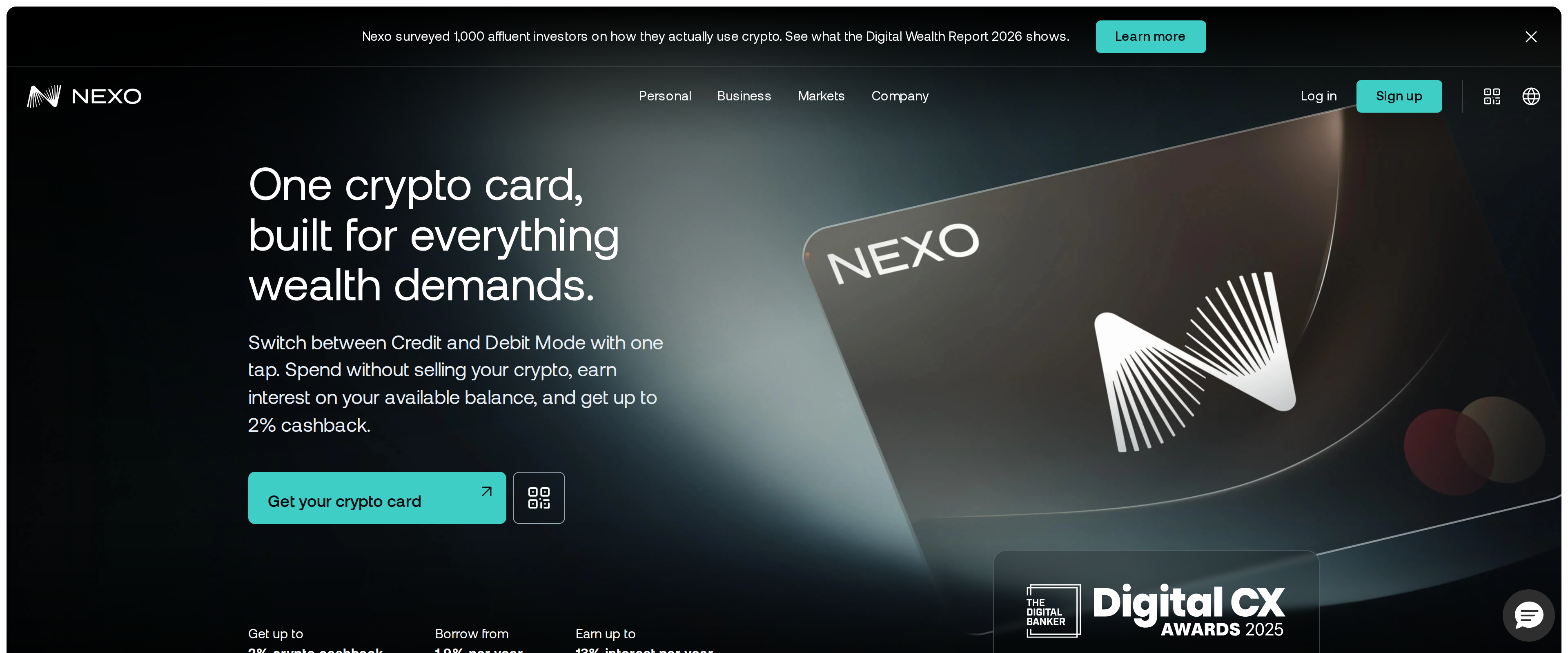 Nexo Card artwork with headline reading One crypto card built for everything wealth demands
