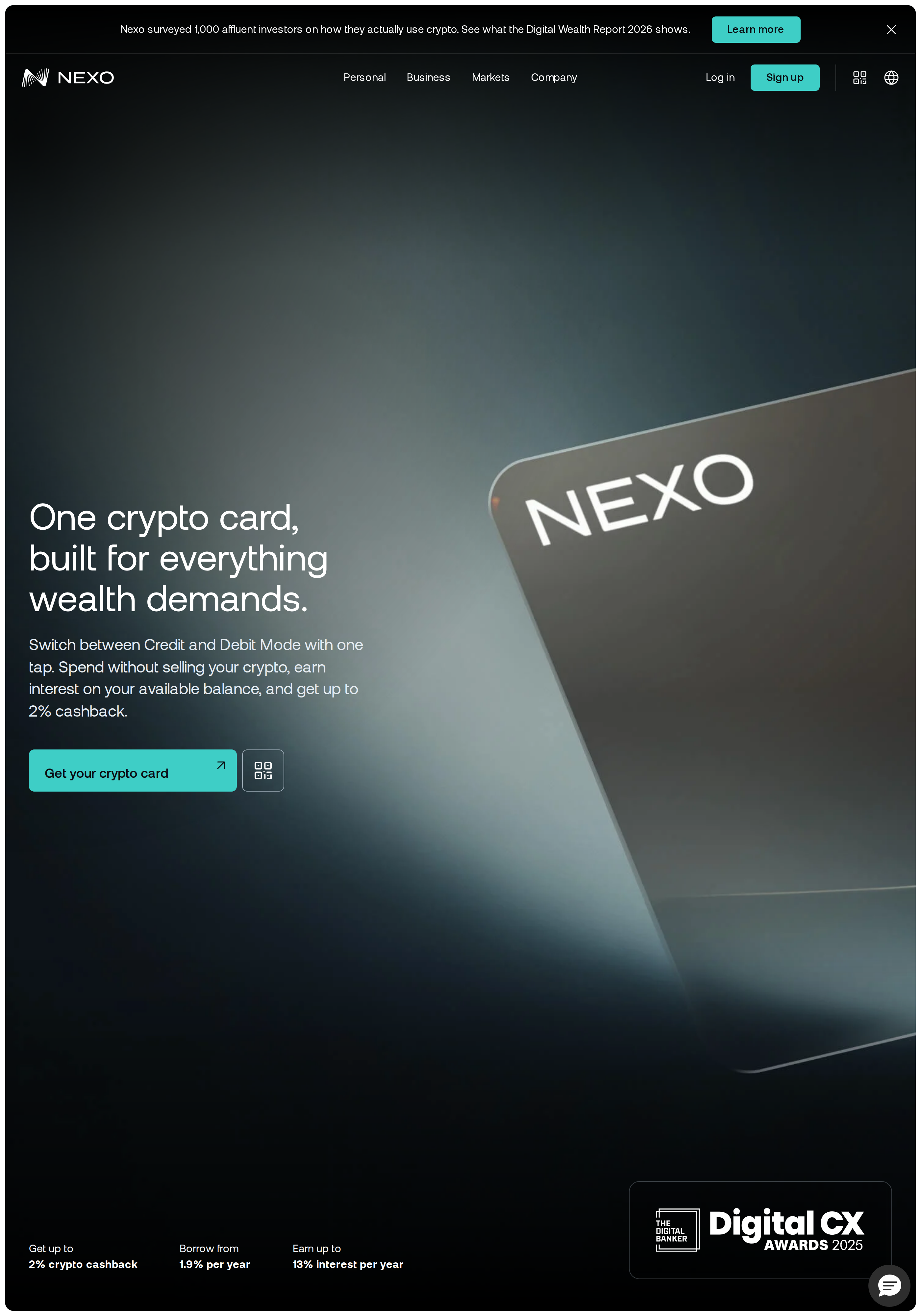 Nexo Card page showing its headline stats of up to 2% cashback, borrowing from 1.9% a year, and up to 13% interest a year