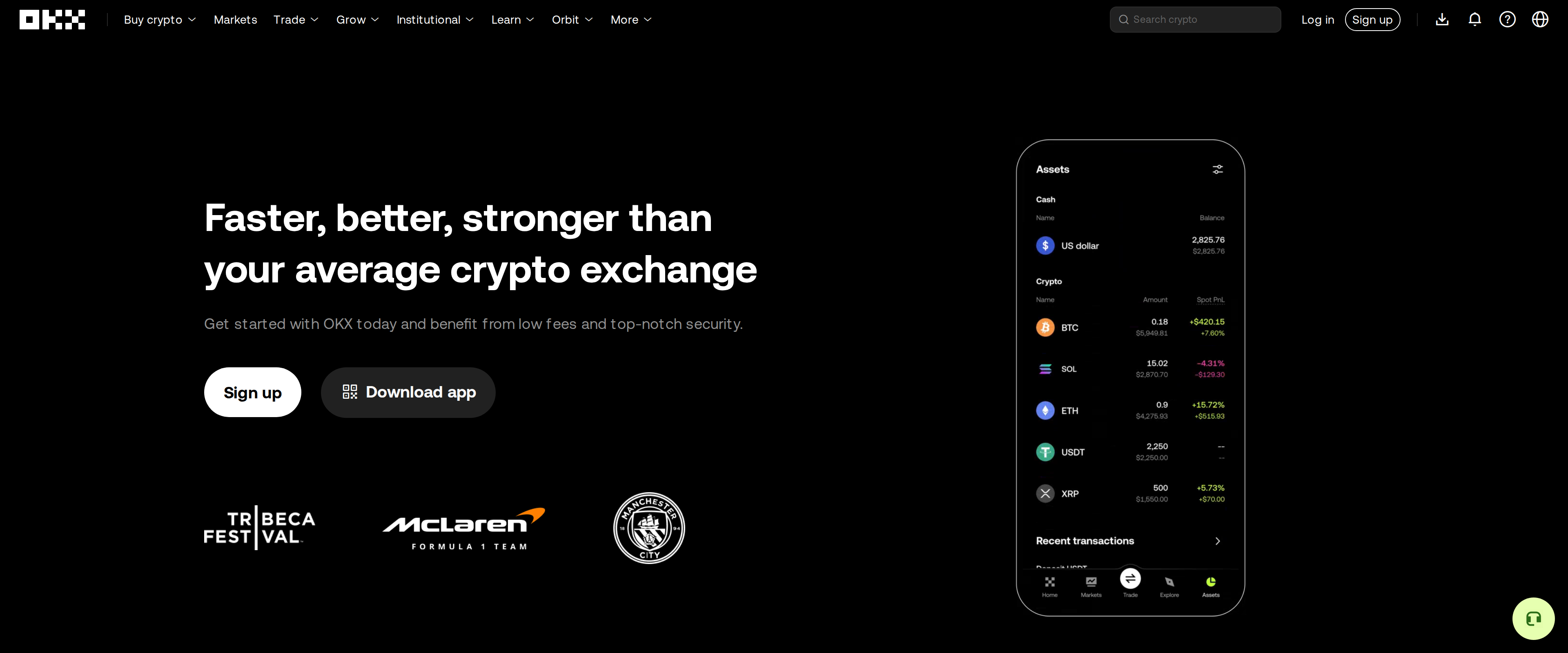 The OKX homepage with the headline about being faster and stronger than the average crypto exchange