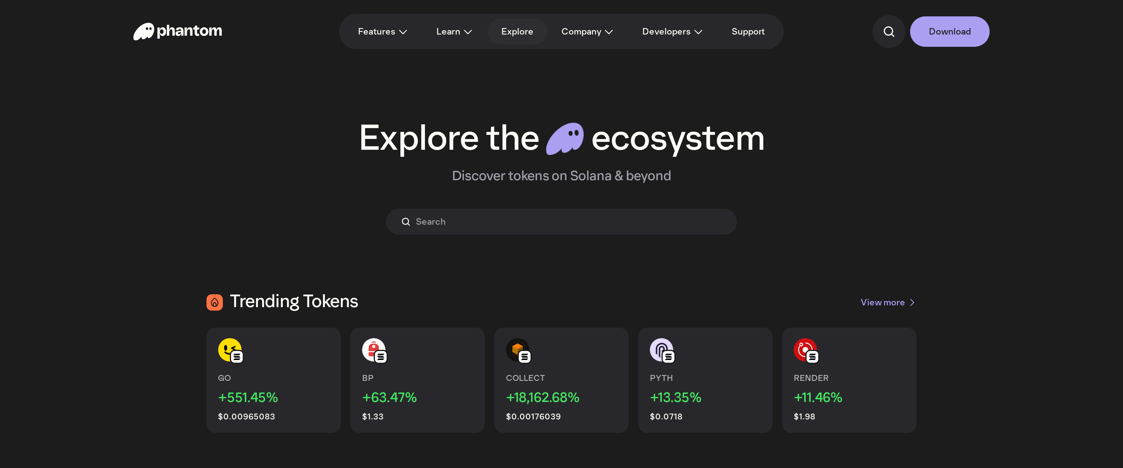 Phantom explore page listing trending tokens across Solana, Ethereum, Robinhood, HyperEVM and more
