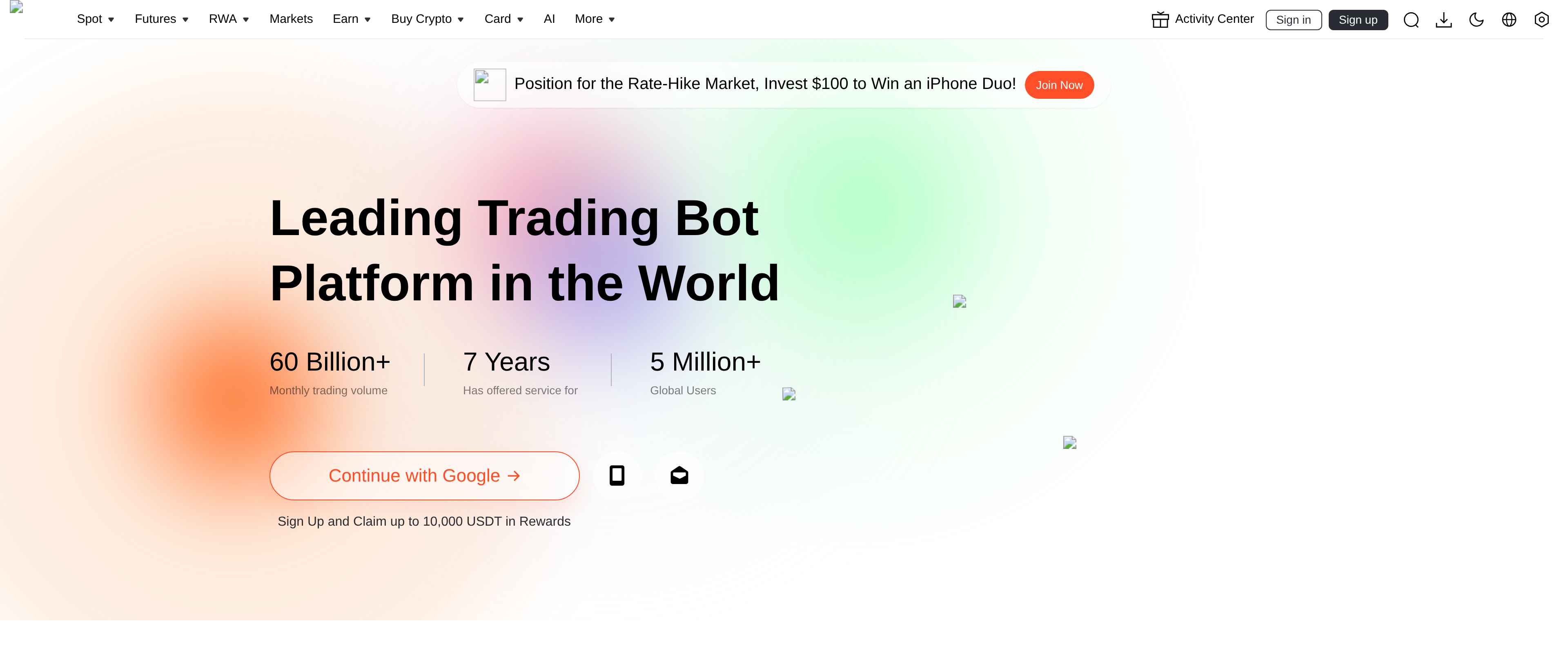 Pionex homepage with the headline Leading Trading Bot Platform in the World and a sign-up offer for up to 10,000 USDT in rewards