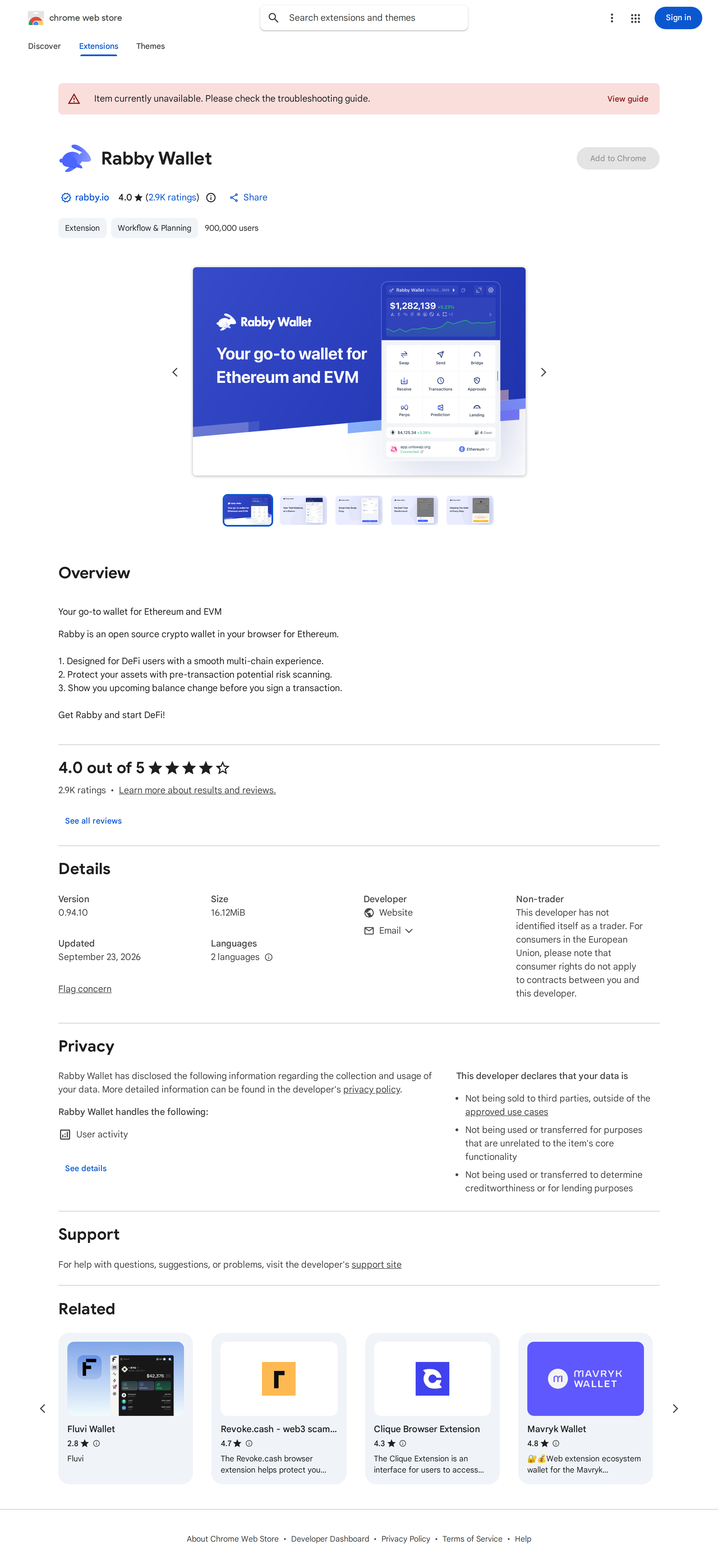 Rabby Wallet's full Chrome Web Store listing page showing its overview and rating