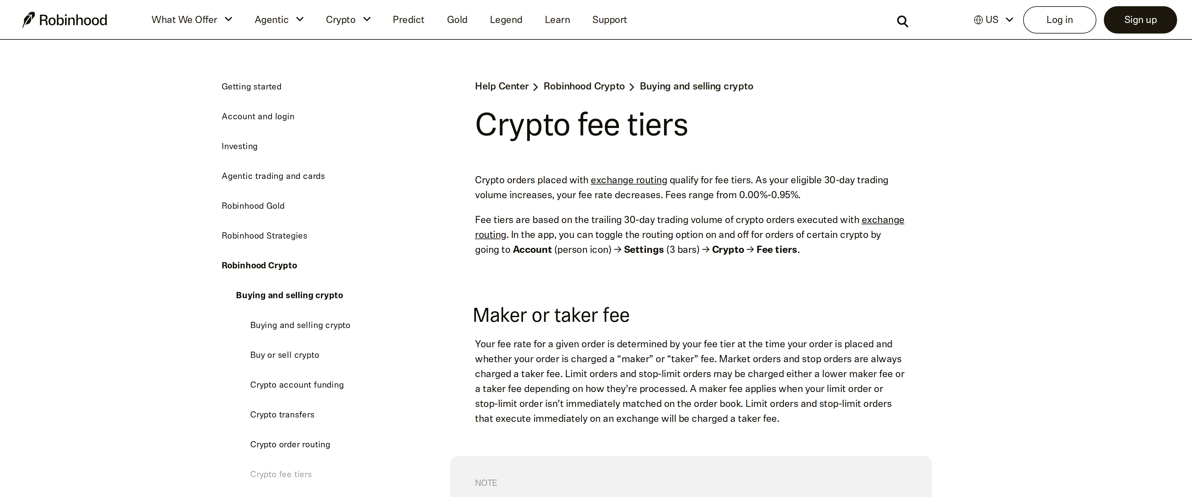 Crypto fee tiers support page explaining that fees range based on 30-day trading volume and maker or taker status