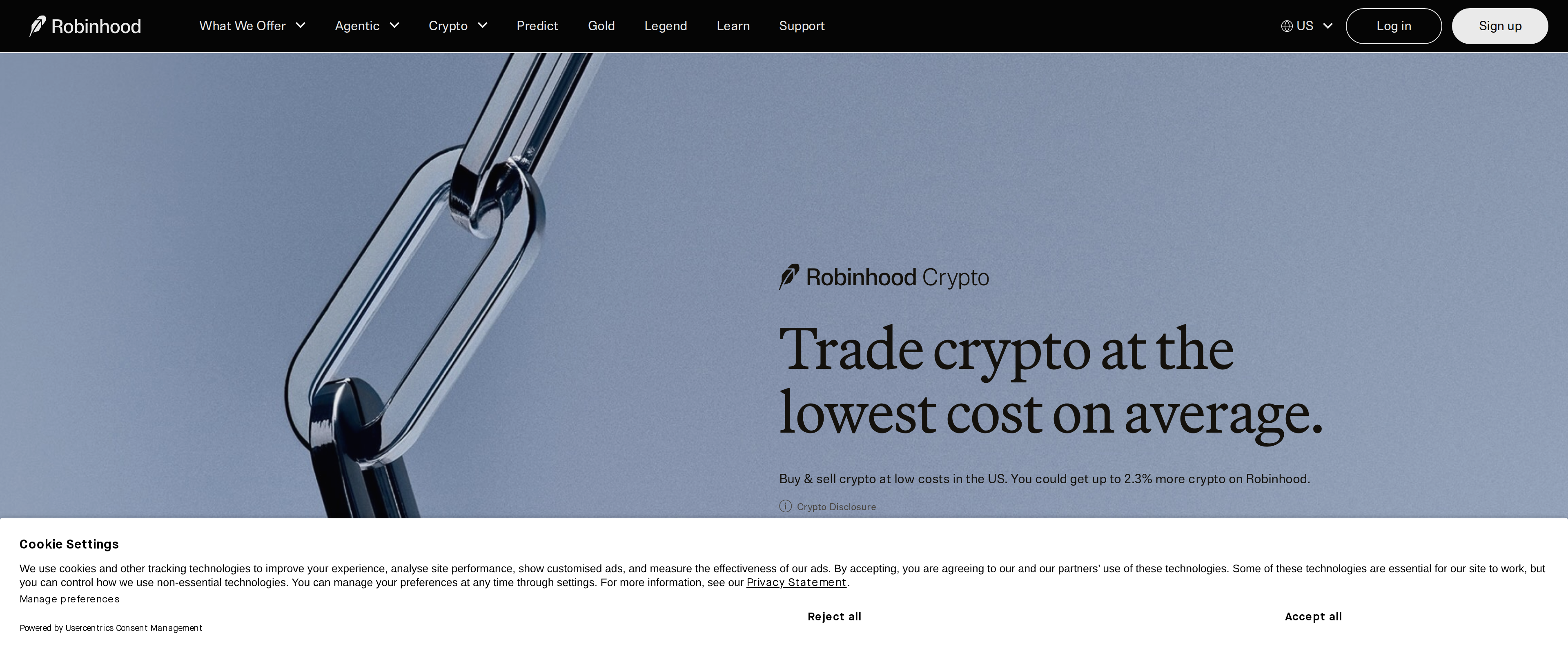 Robinhood Crypto homepage with the headline Trade crypto at the lowest cost on average