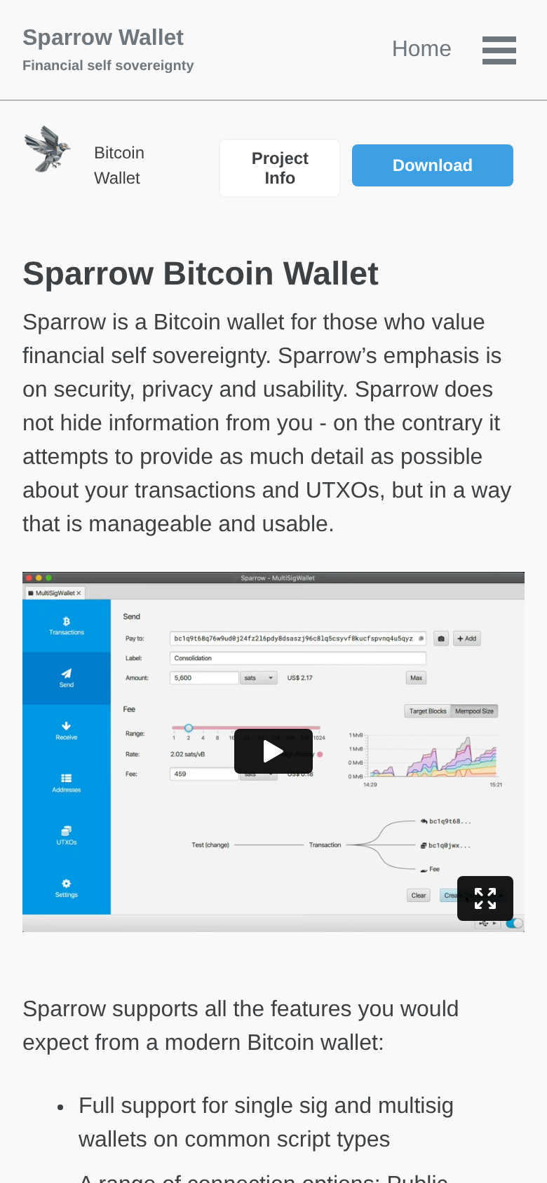 Sparrow Wallet's homepage viewed at phone width, showing the same self-sovereignty pitch as the desktop site with no app download link