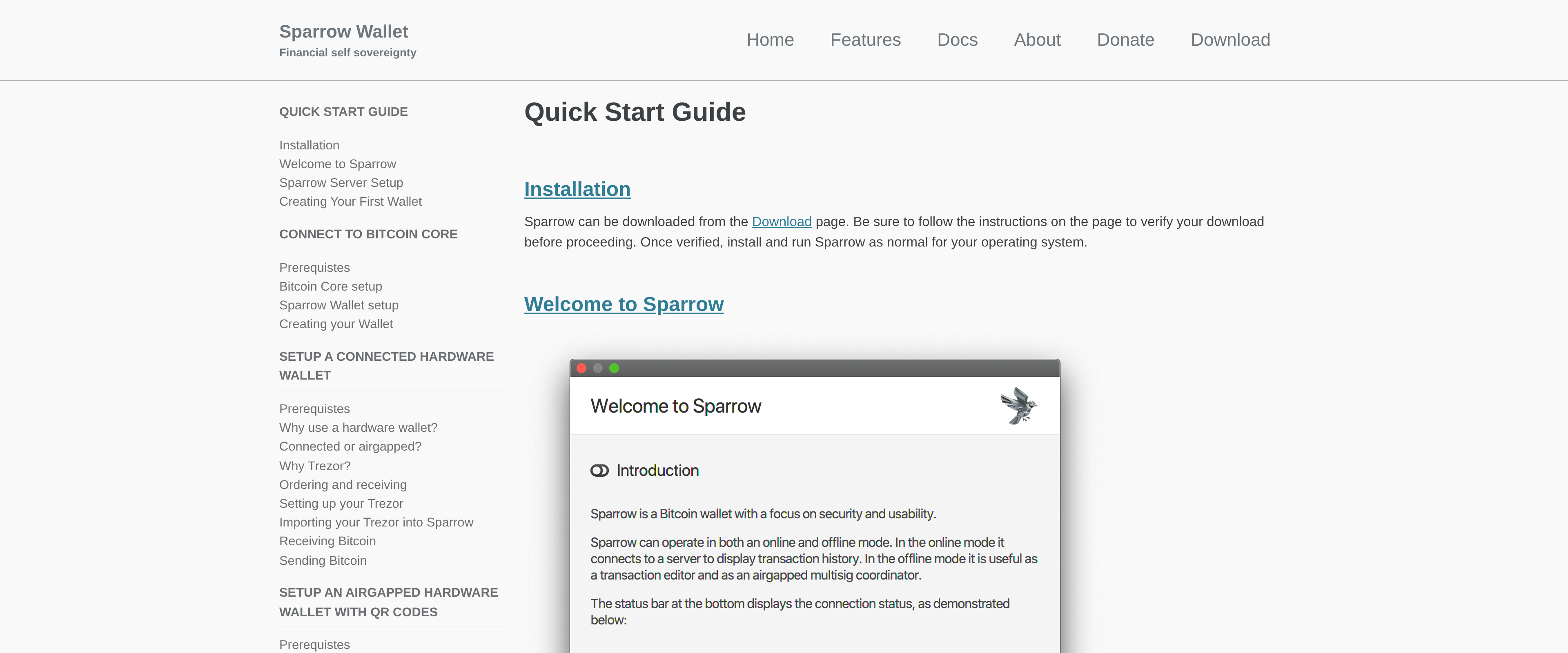 Sparrow Wallet's welcome screen from its quick start guide, showing the initial setup interface for creating a new wallet