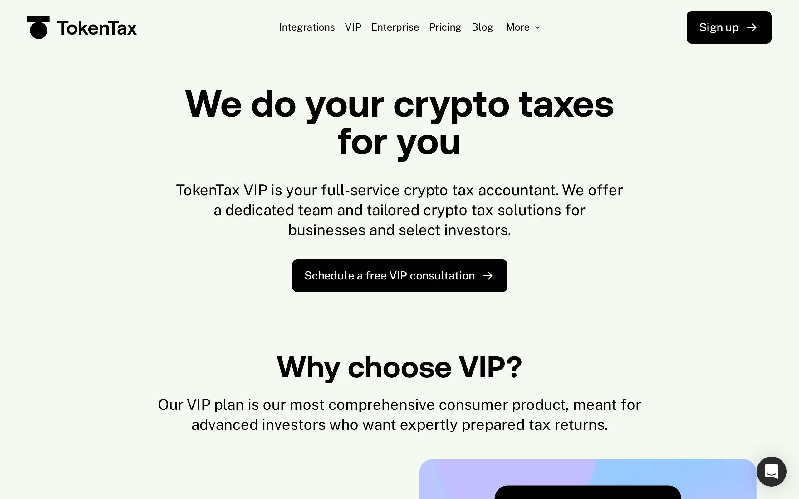 TokenTax VIP page promising a full-service crypto tax accountant