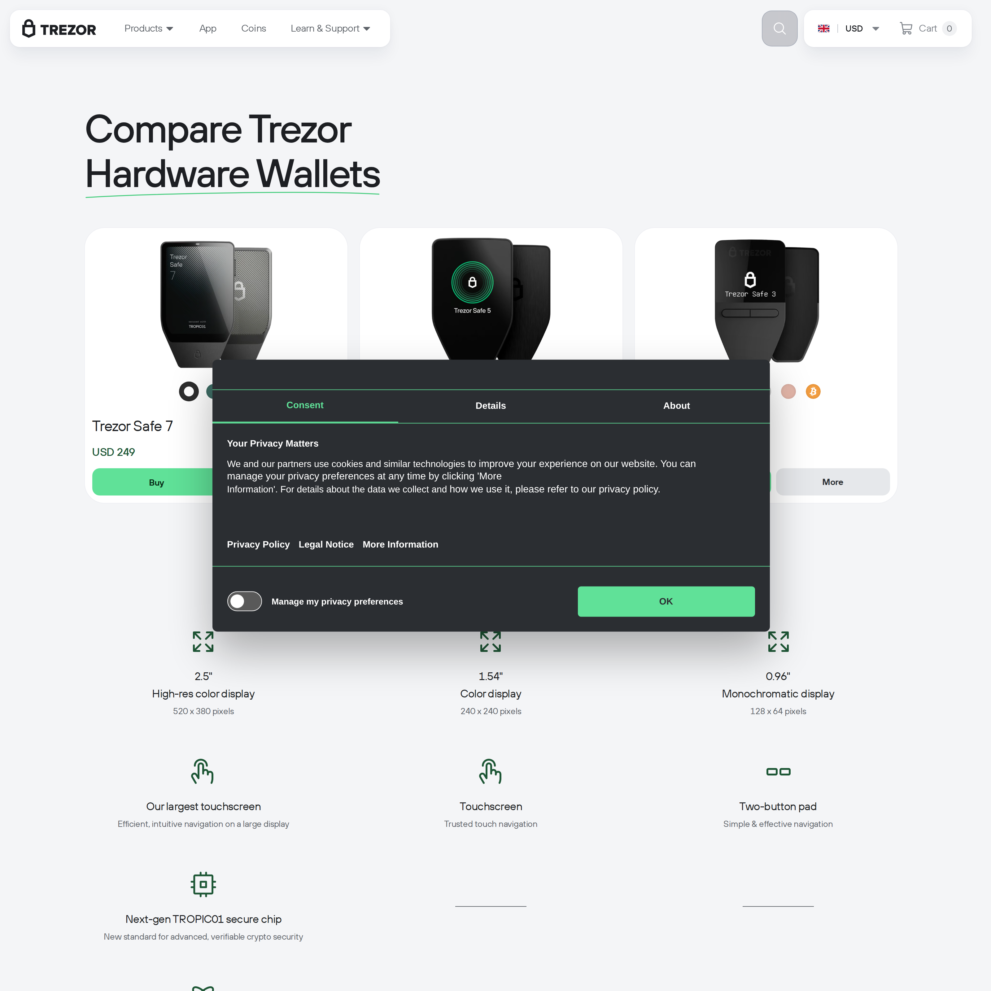 Trezor's compare page lining up the Safe 5 against the Safe 3 and Safe 7