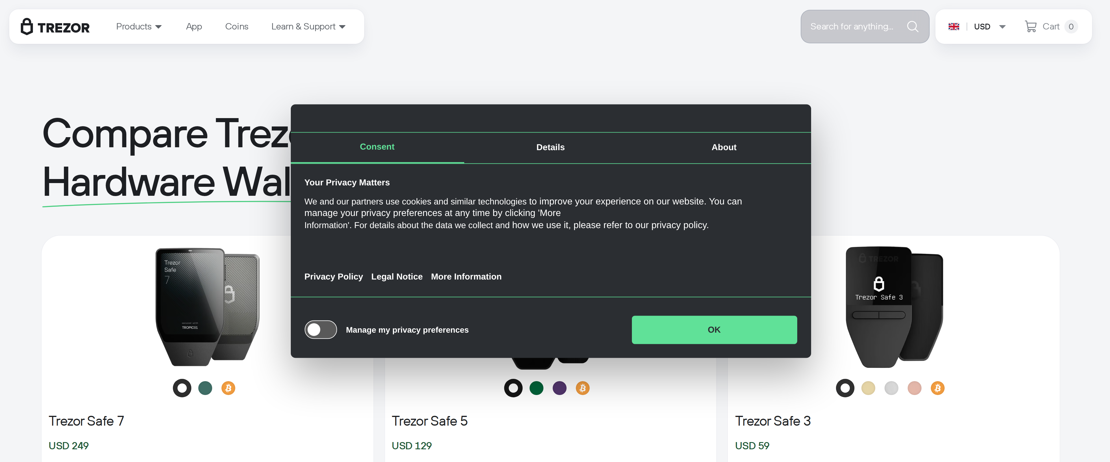 Trezor's compare page showing the Safe 7, Safe 5 and Safe 3 product photos side by side