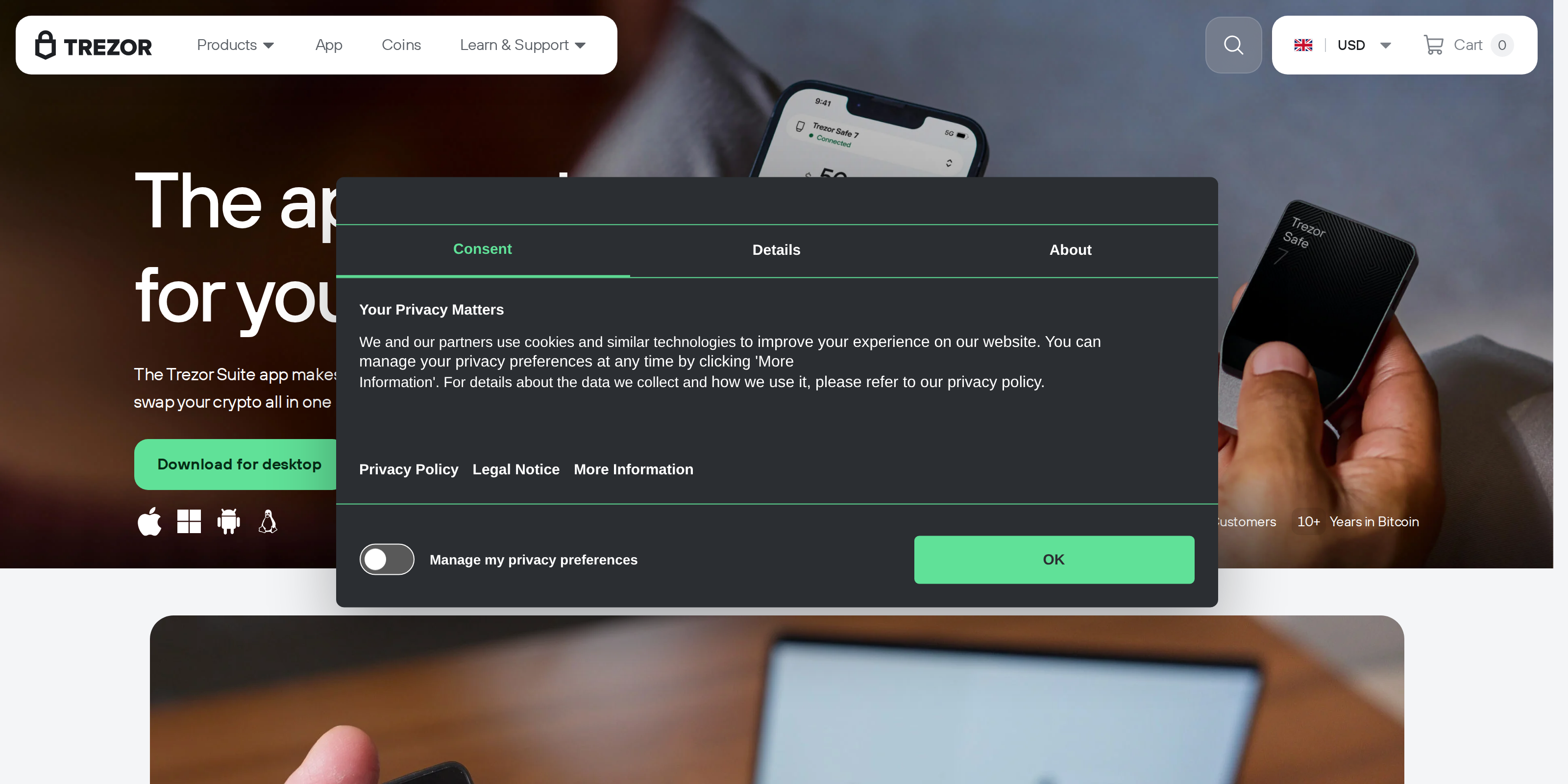 Trezor Suite desktop app interface for managing accounts and sending transactions