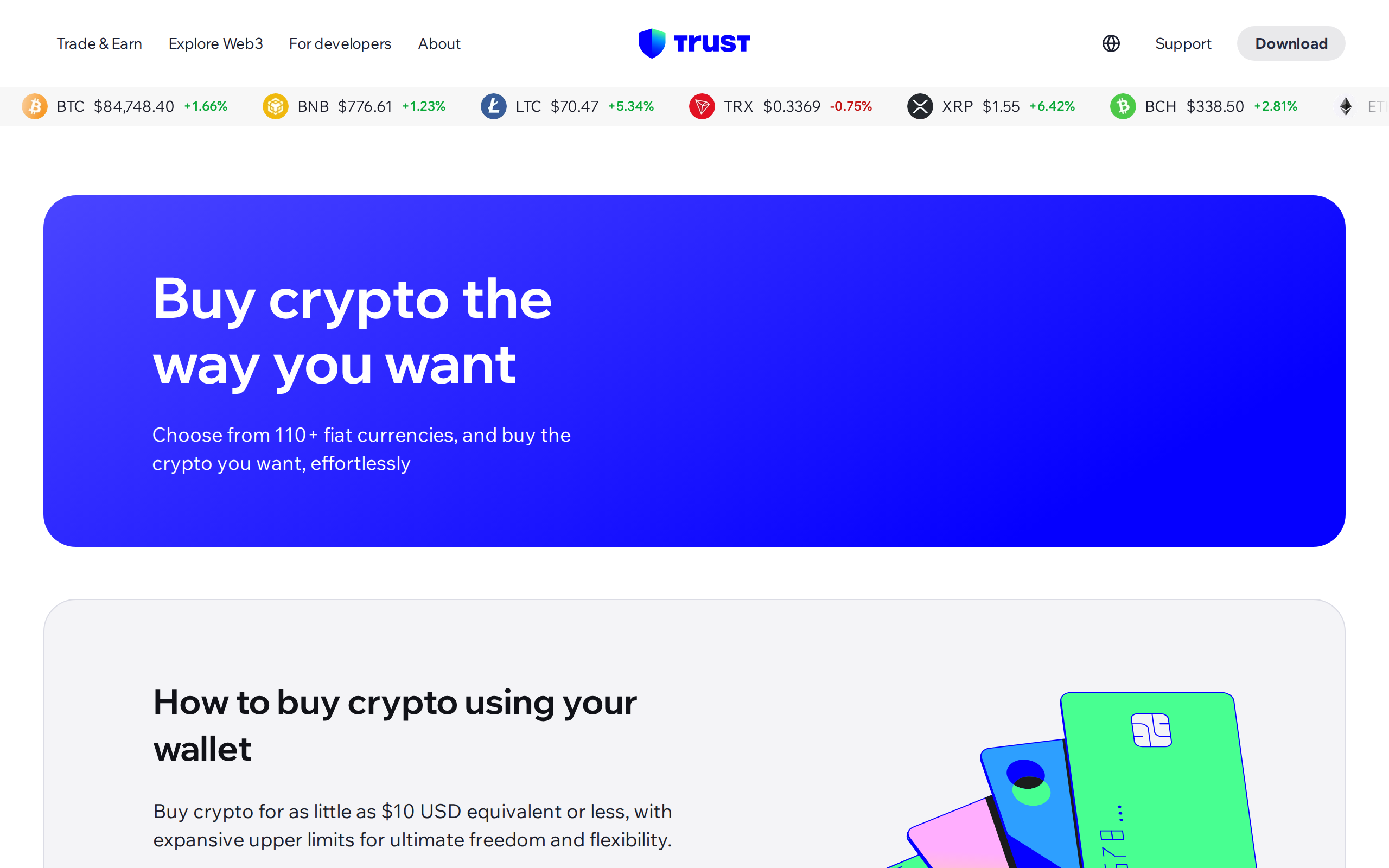 Trust Wallet buy crypto page listing over 110 fiat currencies and live coin prices