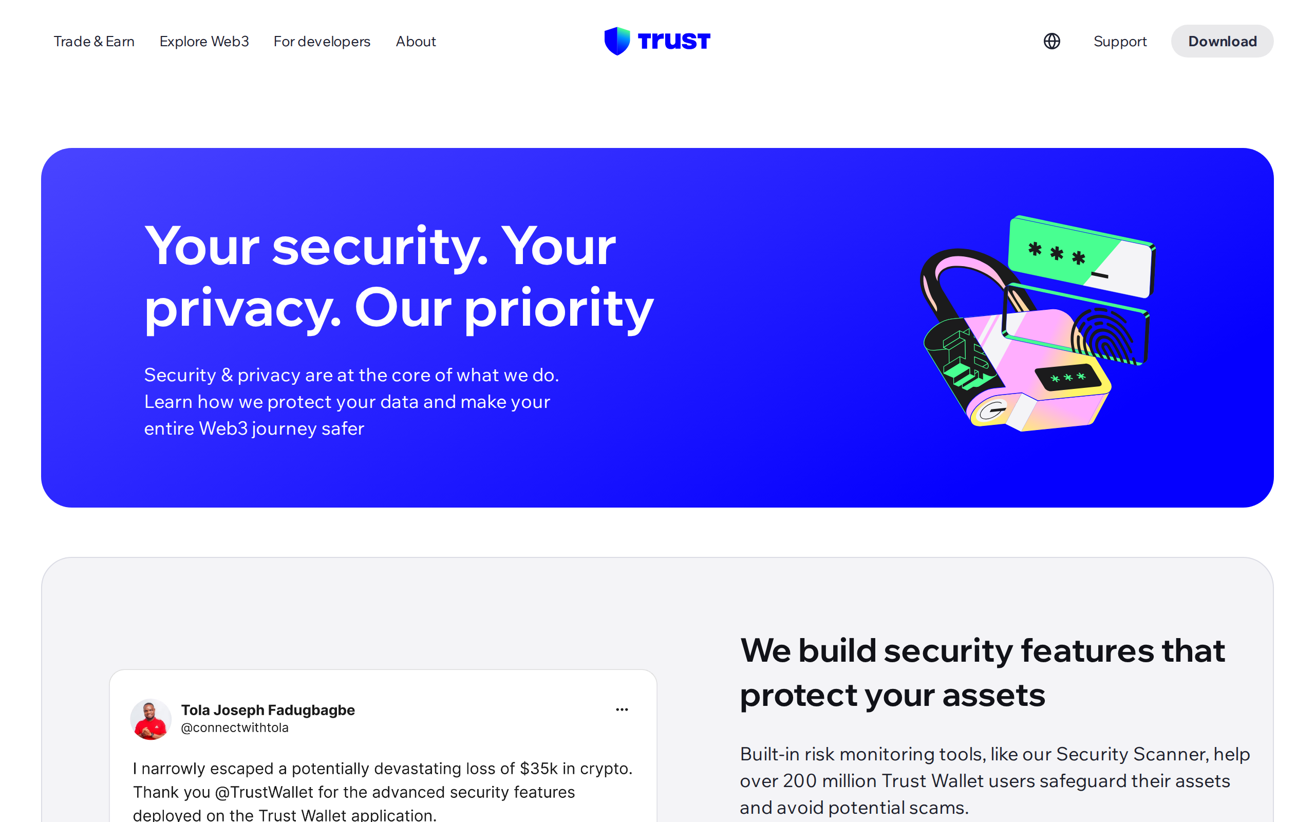 Trust Wallet security page describing the Security Scanner protecting 200 million users